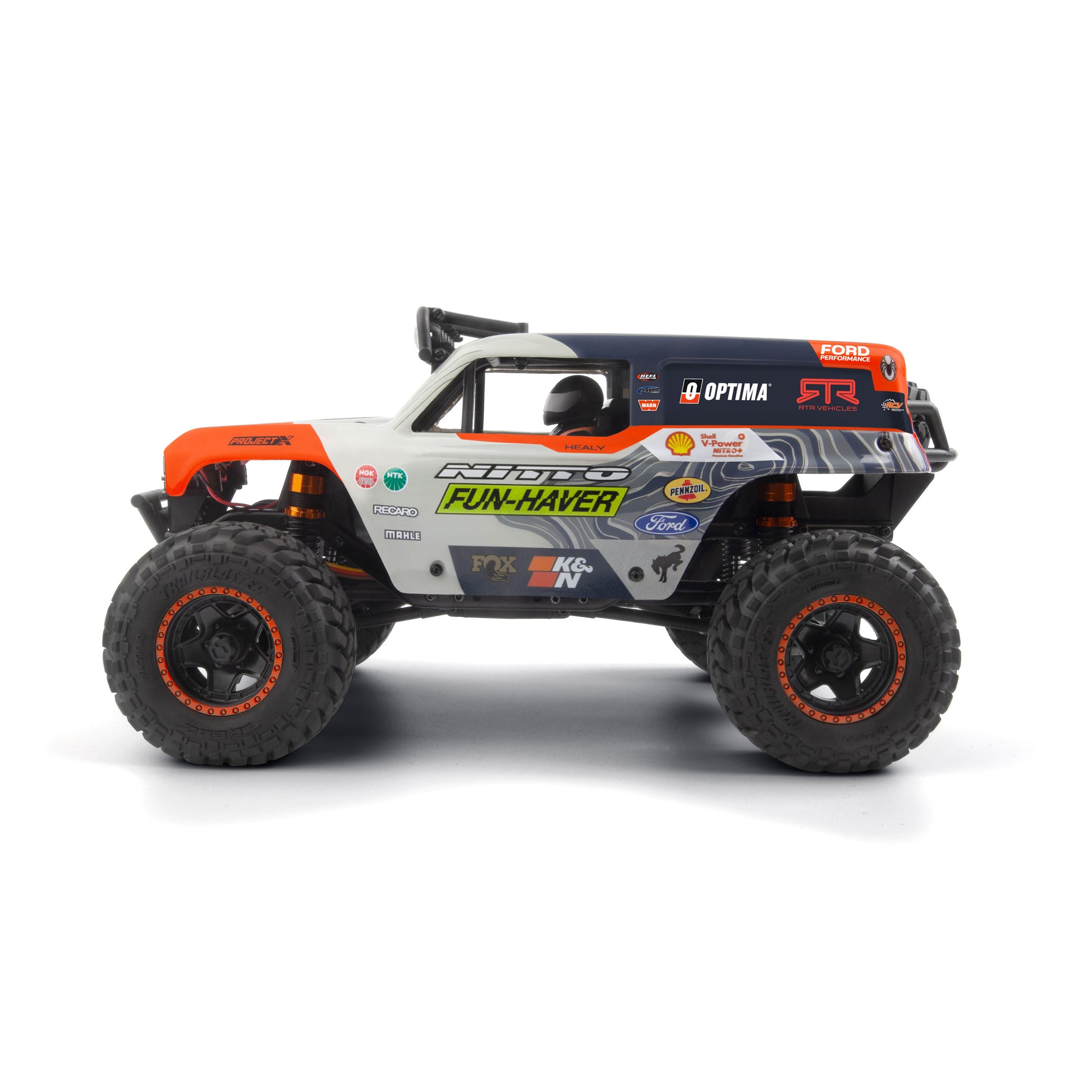 Side view of the Fun-Haver Loren Healy Hpi Venture 18 1/10th RC Ultra4 Bronco.