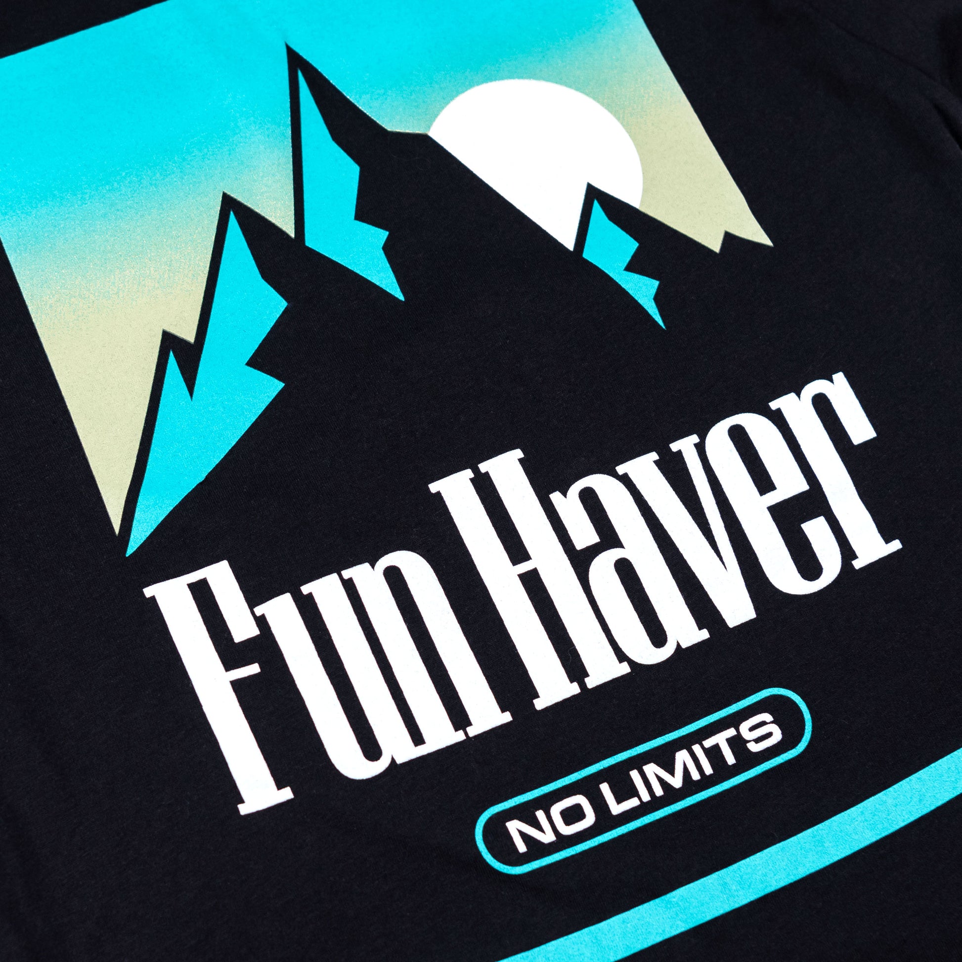 Back detail logo view of the Fun Haver No Limits Black T-Shirt.