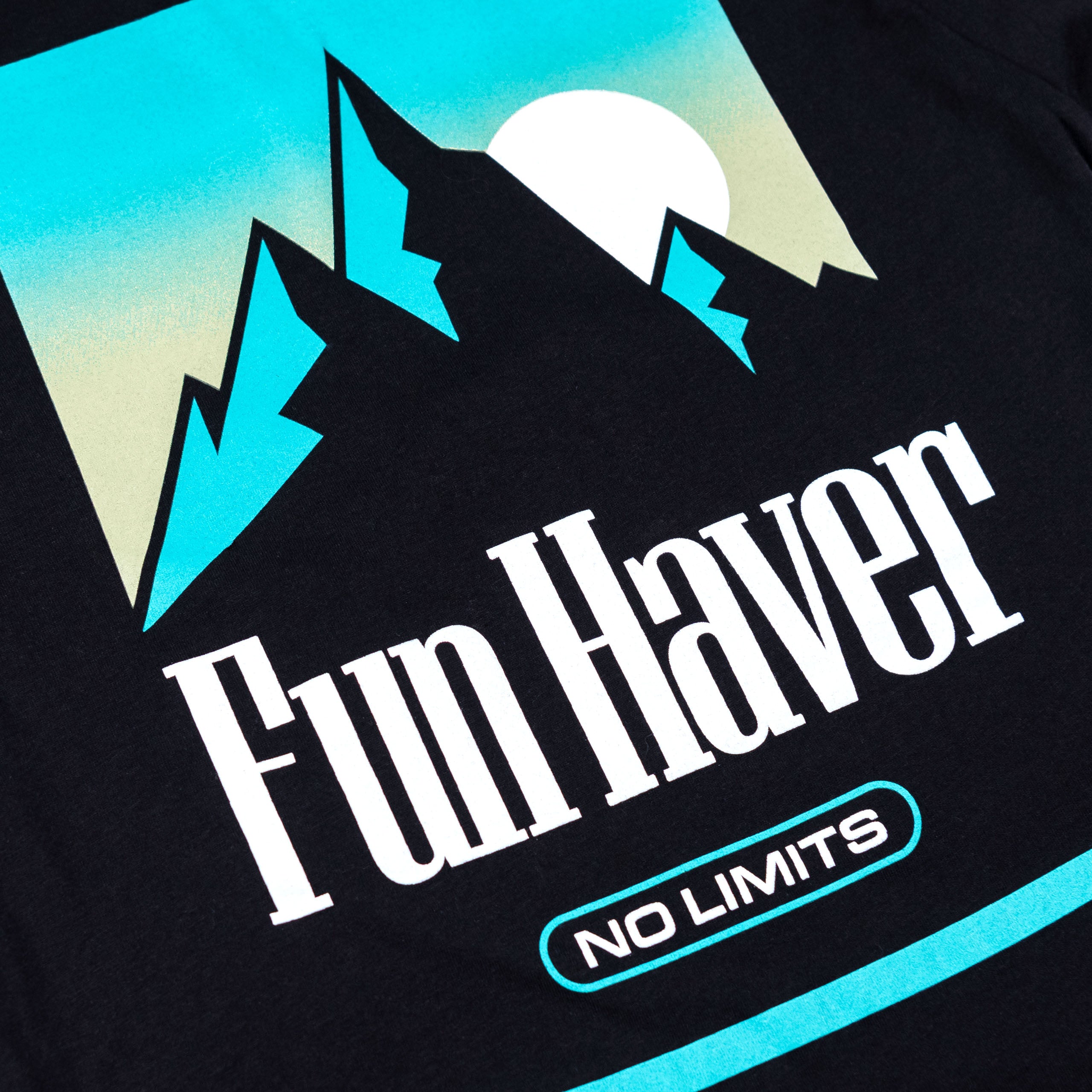 Back detail logo view of the Fun Haver No Limits Black T-Shirt.