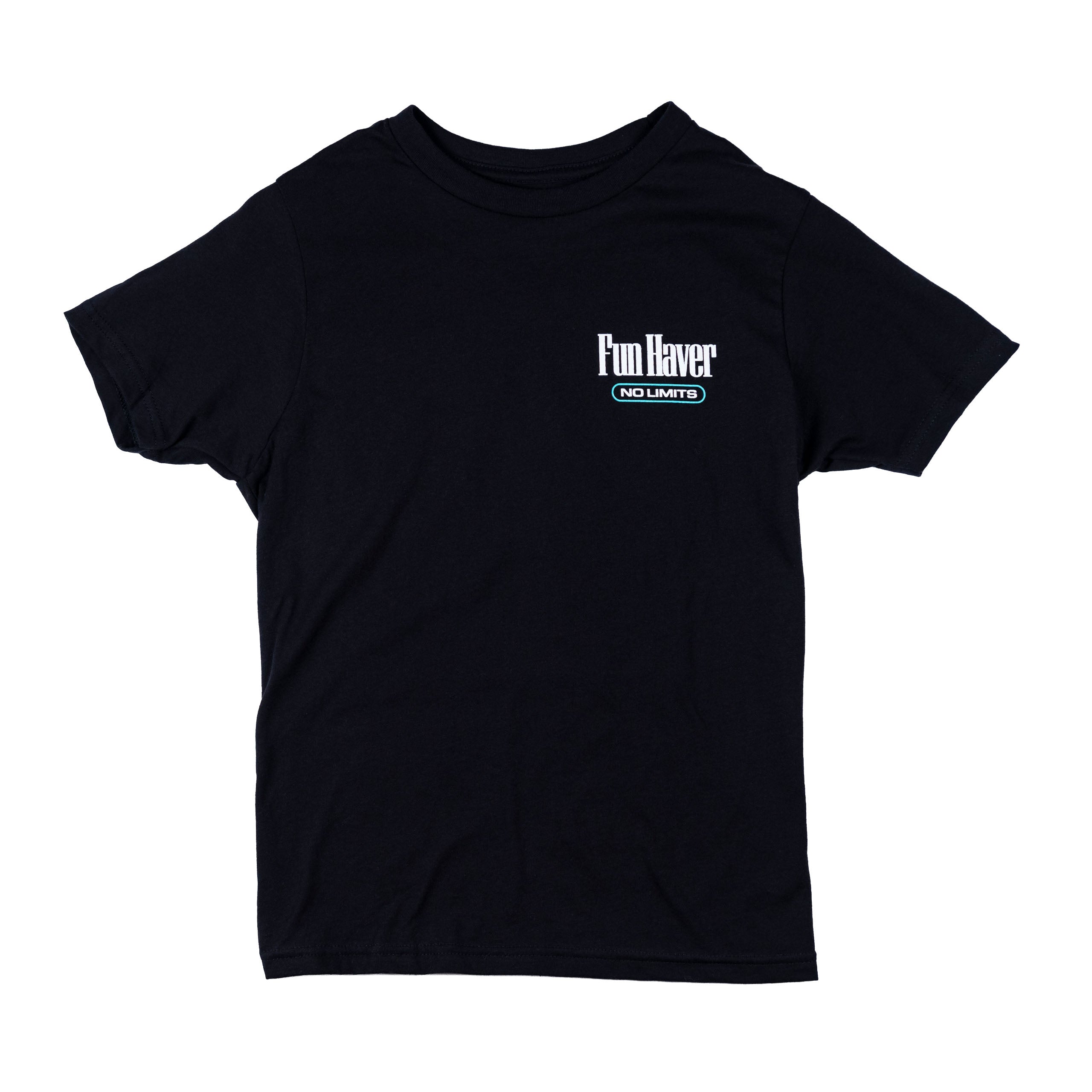 Front view of the Fun-Haver No Limits Black Youth T-Shirt.