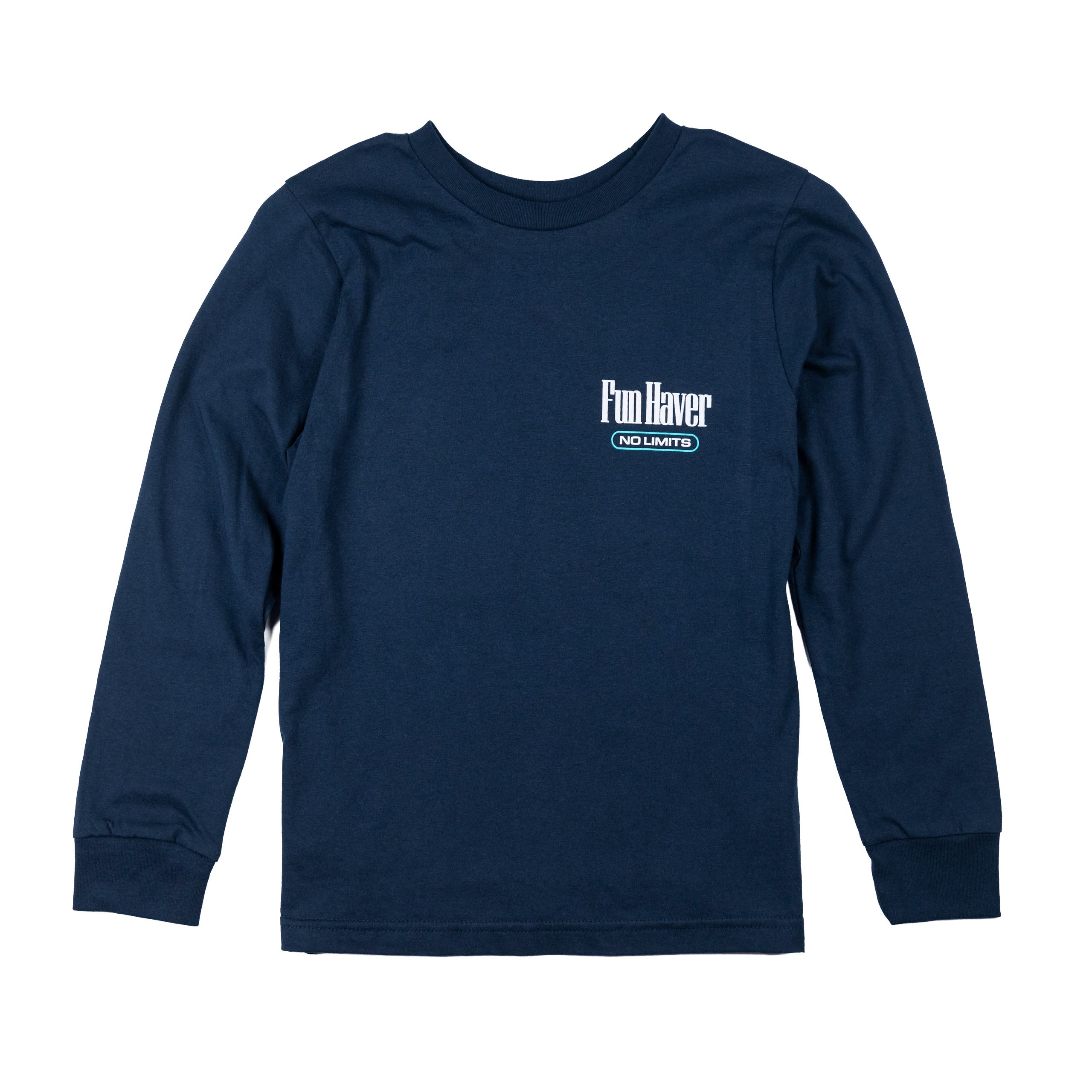Front view of the Fun-Haver No Limits Midnight Navy Youth Long Sleeve T-Shirt.