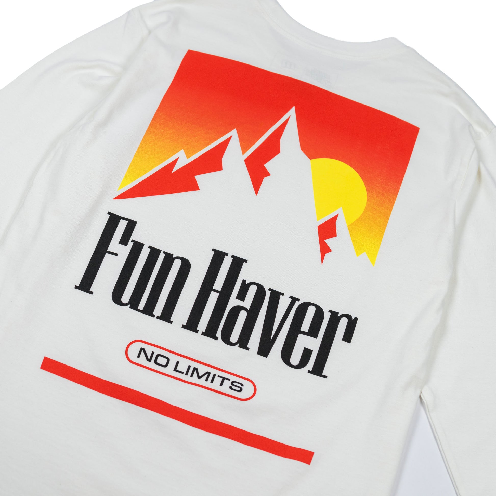 Back detail view of the the Fun-Haver No Limits White Long Sleeve T-Shirt.