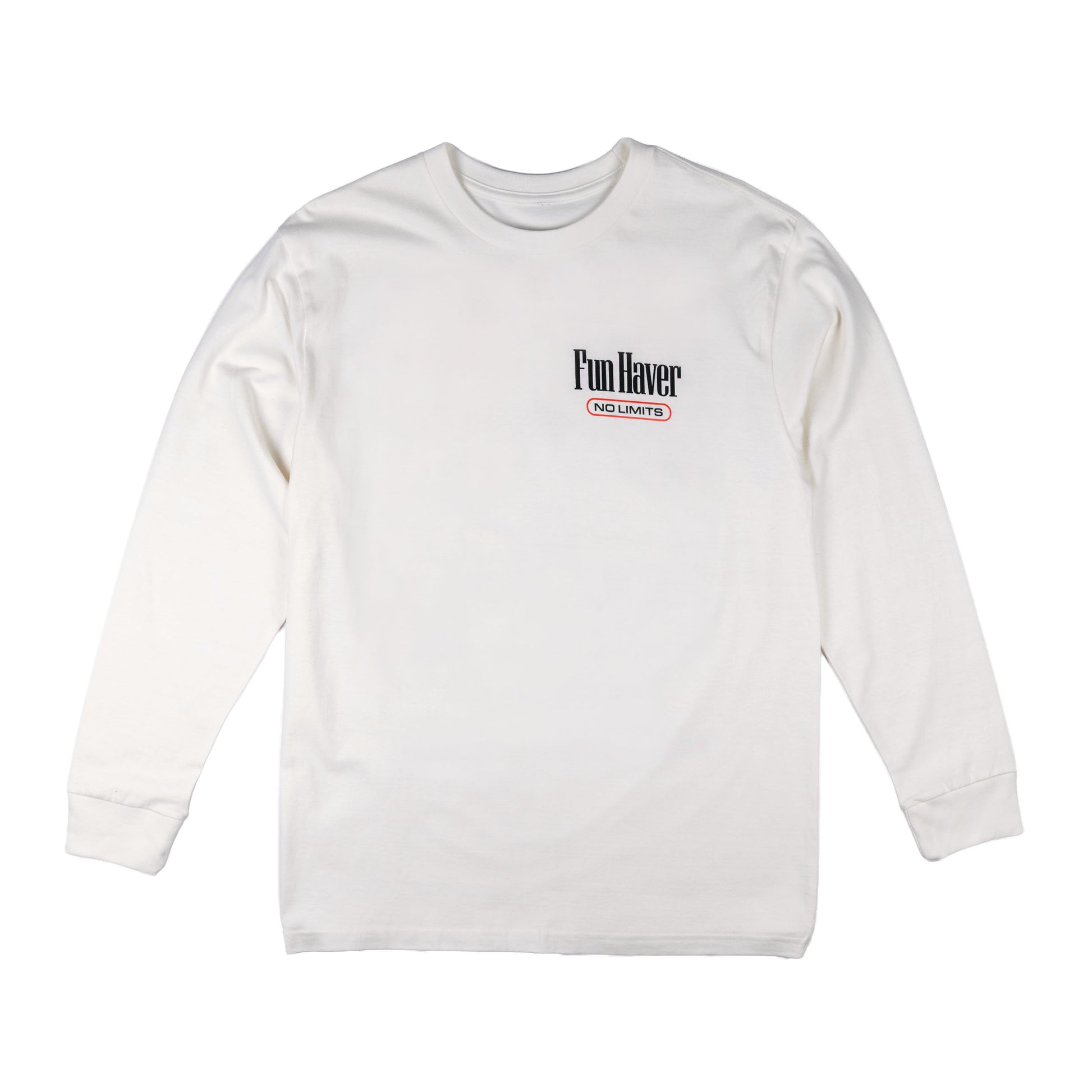 Front view of the Fun-Haver No Limits White Long Sleeve T-Shirt.