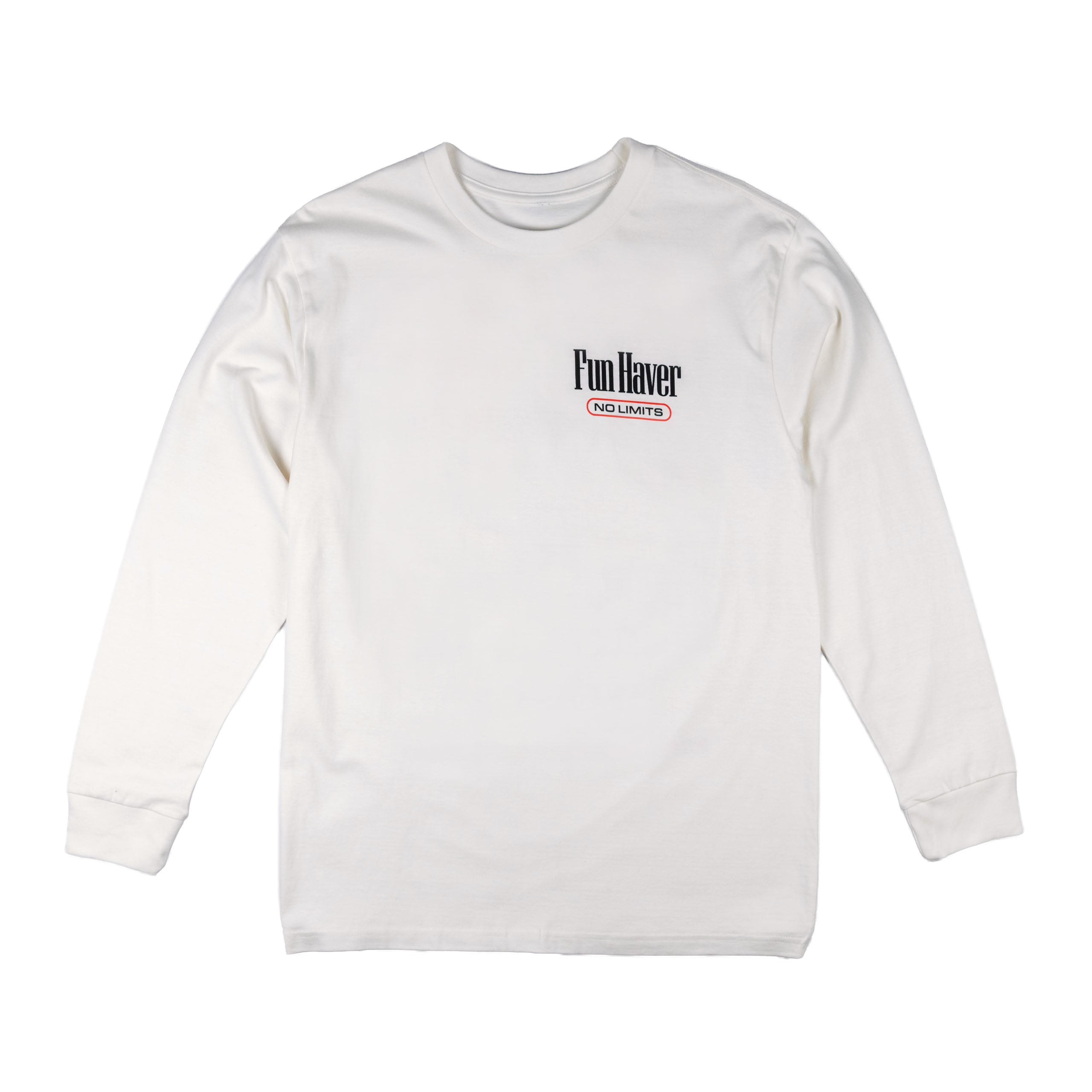 Front view of the Fun-Haver No Limits White Long Sleeve T-Shirt.