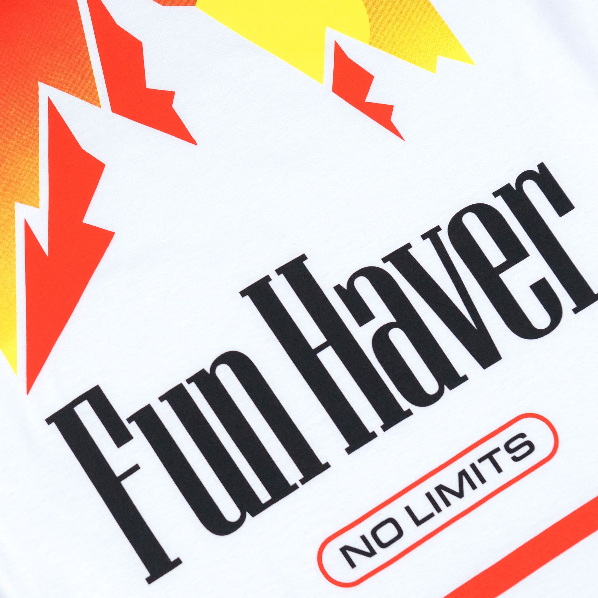 Back detail logo view of the Fun Haver No Limits White T-Shirt.