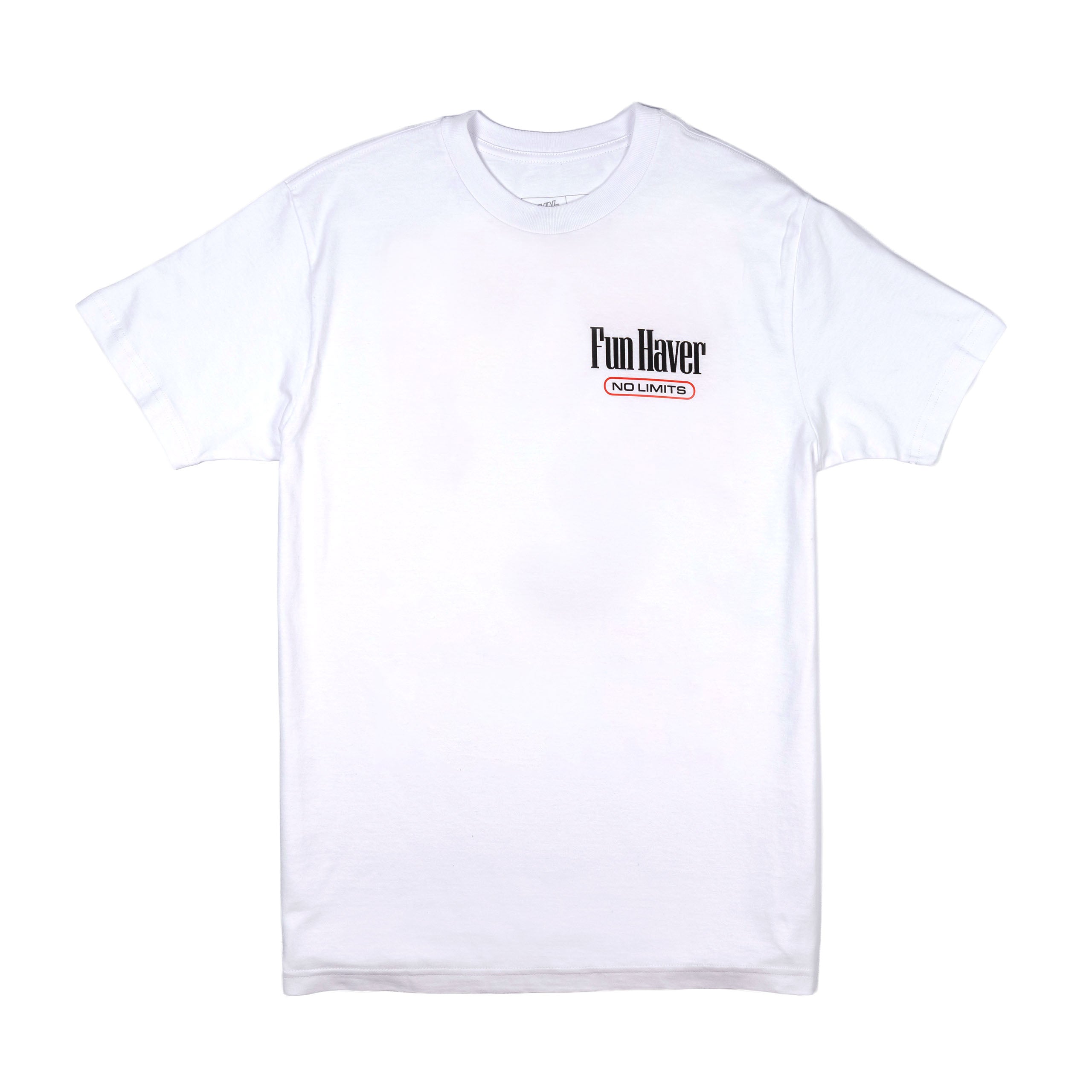 Front view of the Fun-Haver No Limits White T-Shirt.