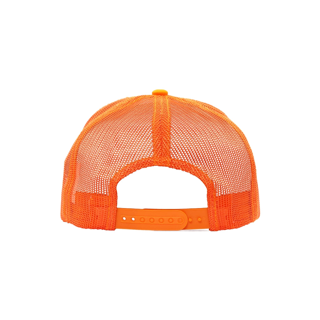 Back view of the Fun-Haver Orange and White 5 Panel Decky Trucker Hat.