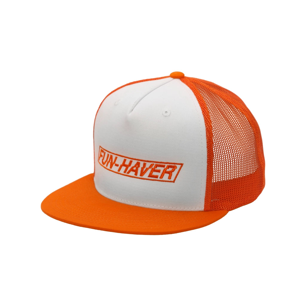 Front left side 3/4 view of the Fun-Haver Orange and White 5 Panel Decky Trucker Hat.