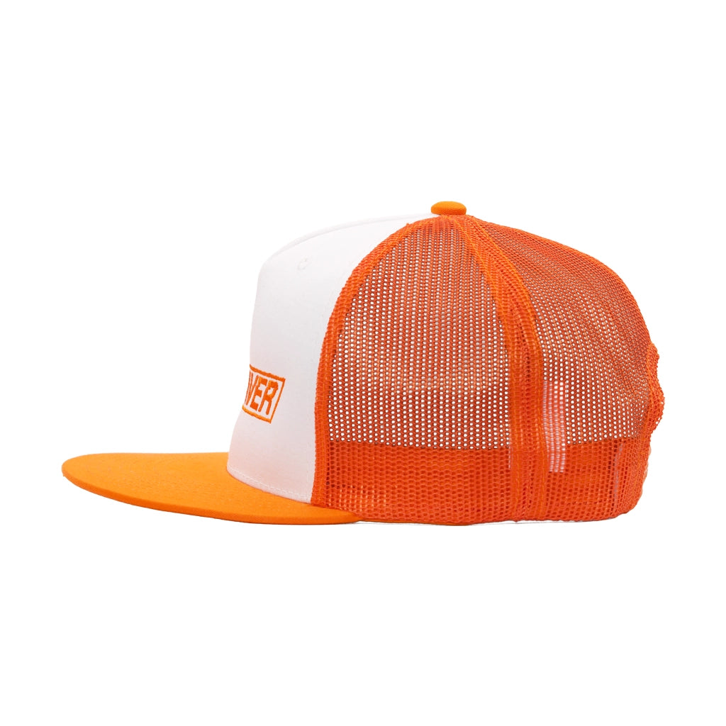 Left side view of the Fun-Haver Orange and White 5 Panel Decky Trucker Hat.