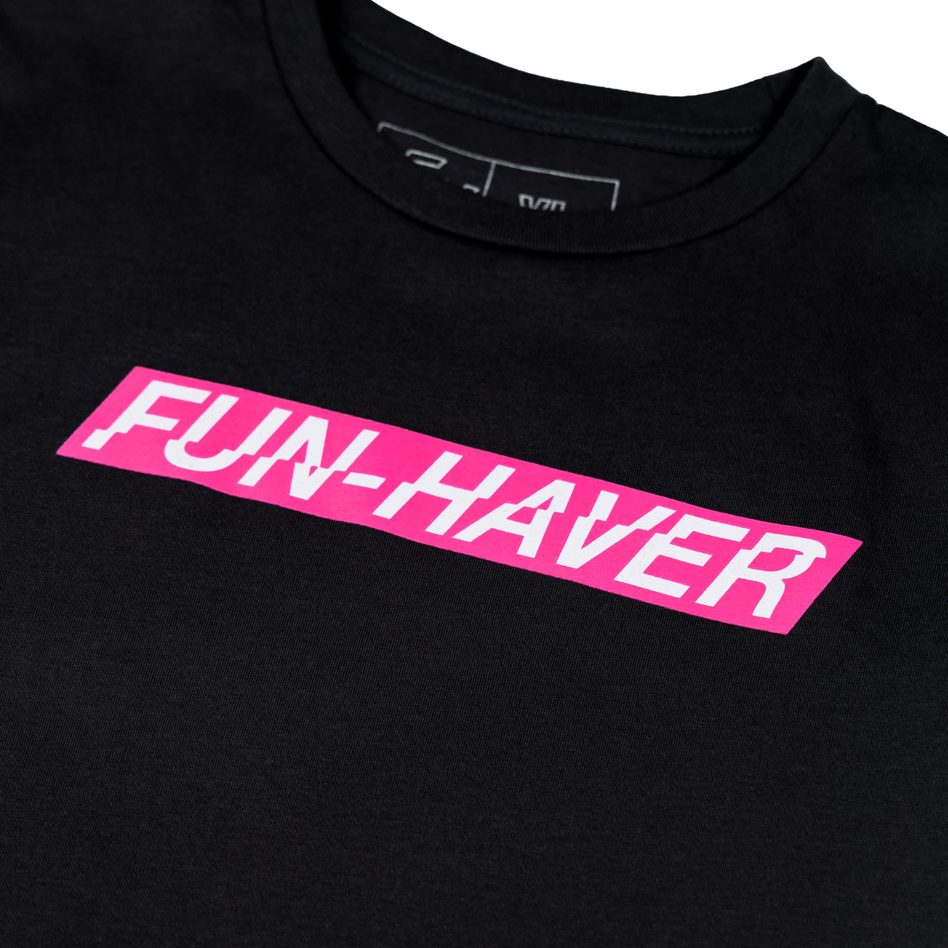 Close up of the Black Fun-Haver Energy T-Shirt Pink Fun-Haver logo.