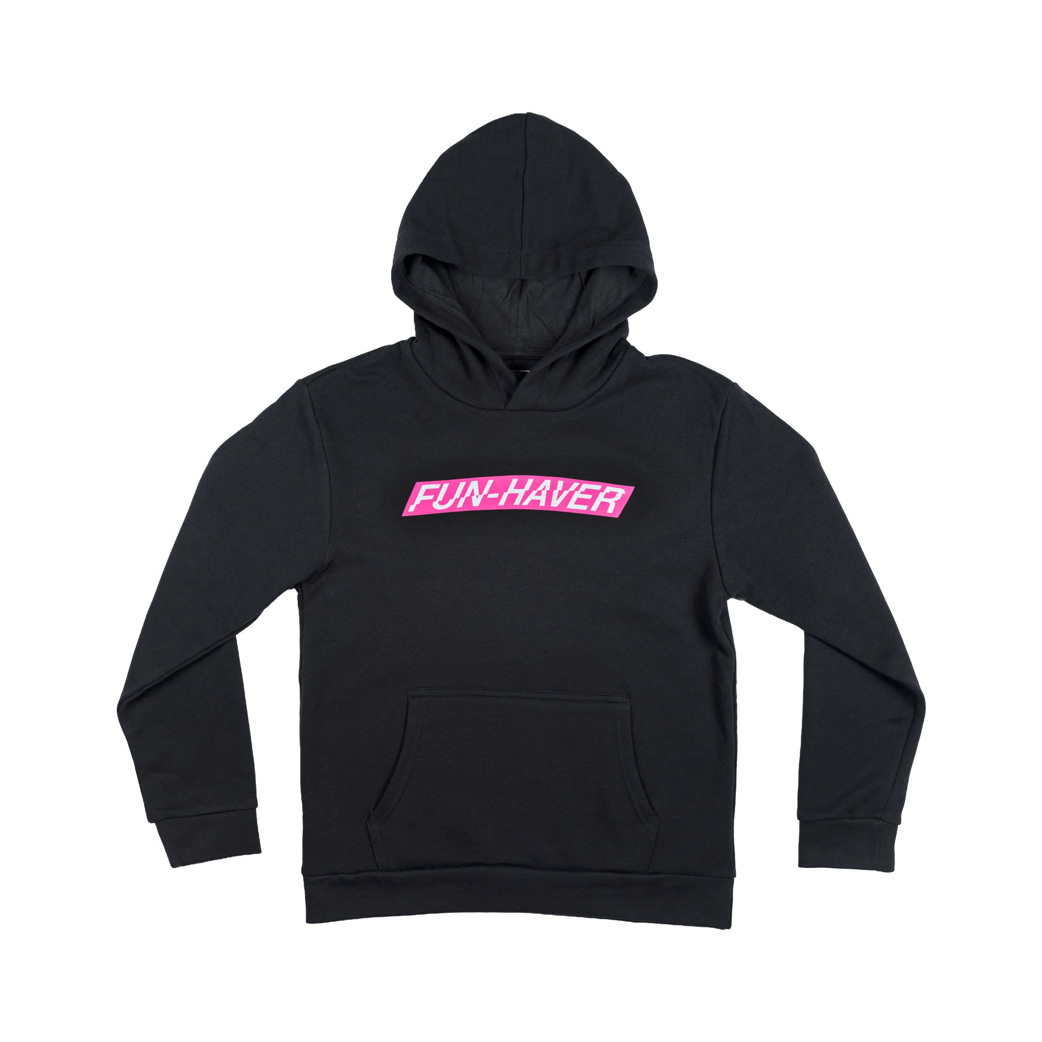Front view of the Pink Energy Logo Fun-Haver Black youth pullover hoodie.