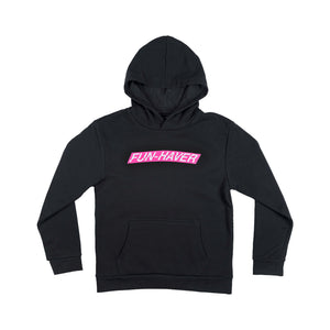Front view of the Pink Energy Logo Fun-Haver Black youth pullover hoodie.