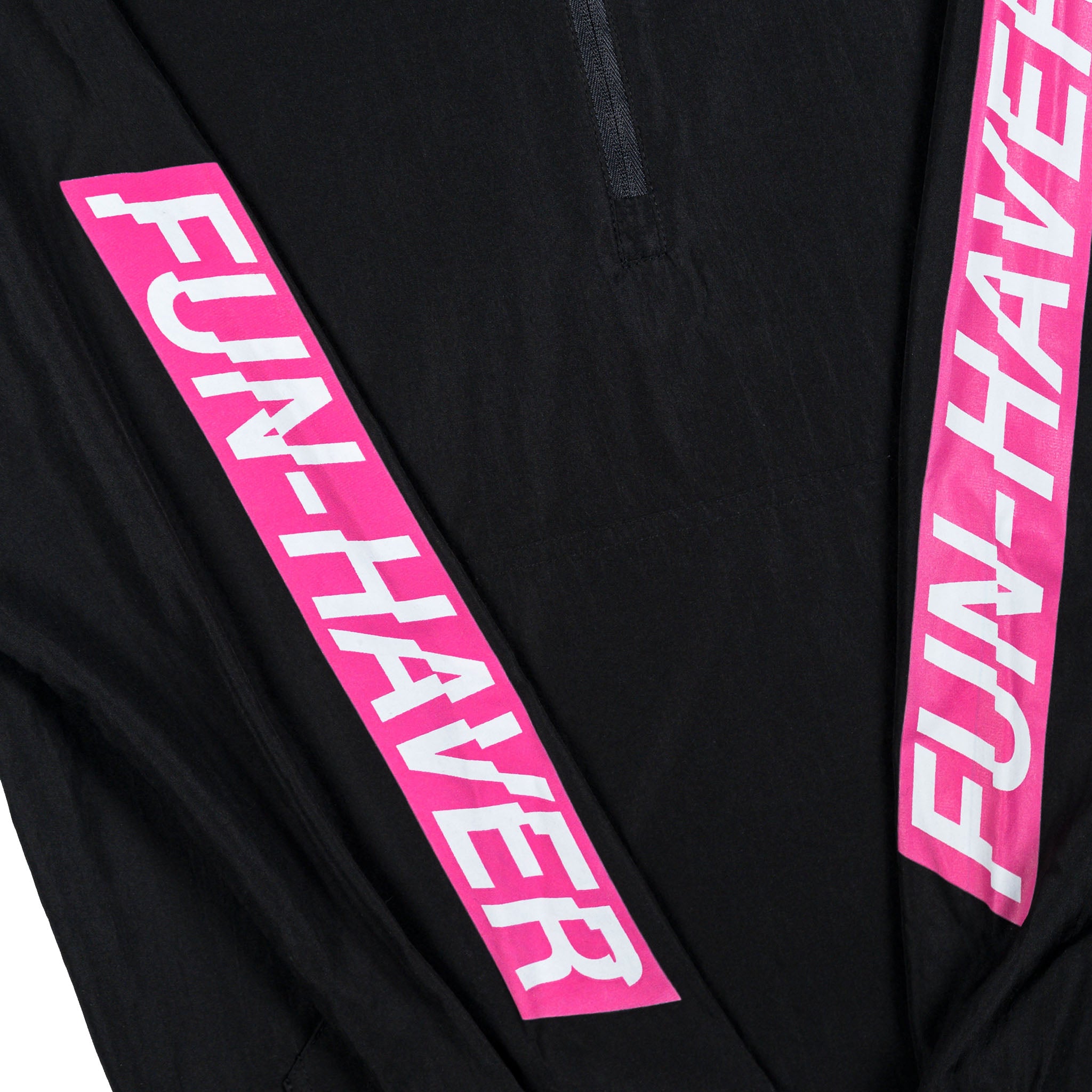 Sleeve detail view of the Black Fun-Haver Energy Windbreaker Anorak Jacket.