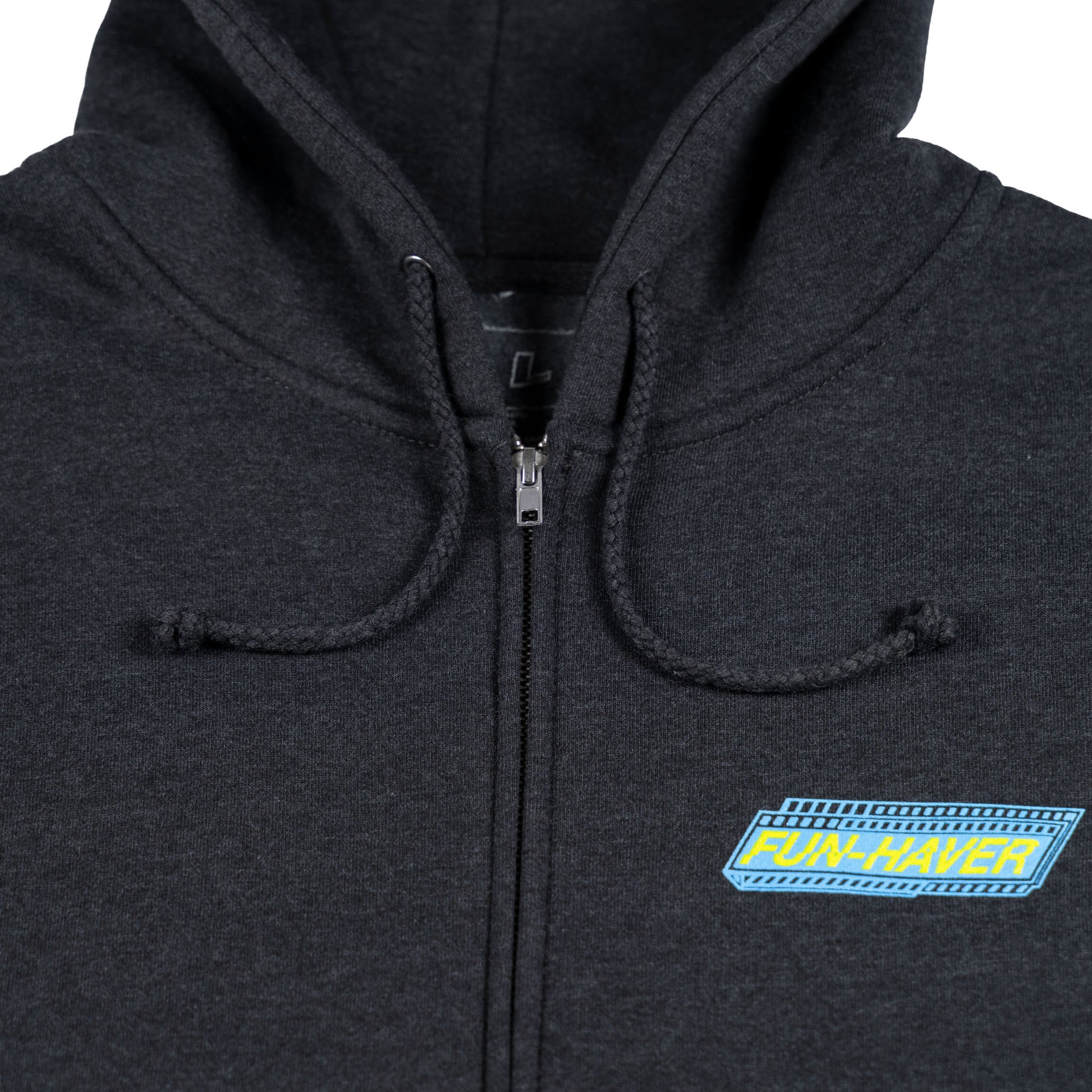 Zipper detail view of the Fun-Haver Pursuit Zip Hoodie in Charcoal Heather.