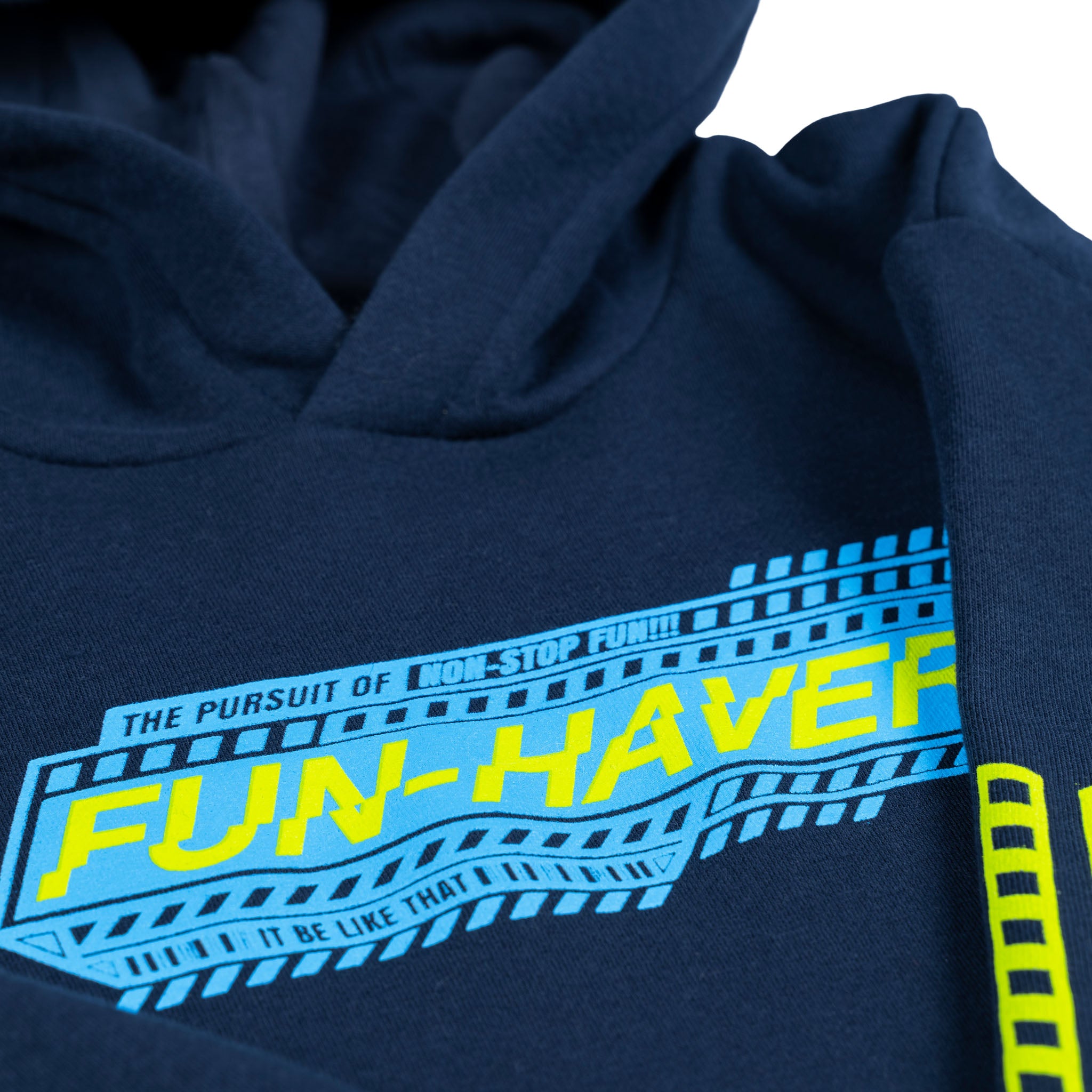 Detail view of the Fun-Haver Midnight Navy Pursuit Youth Pullover Hoodie.
