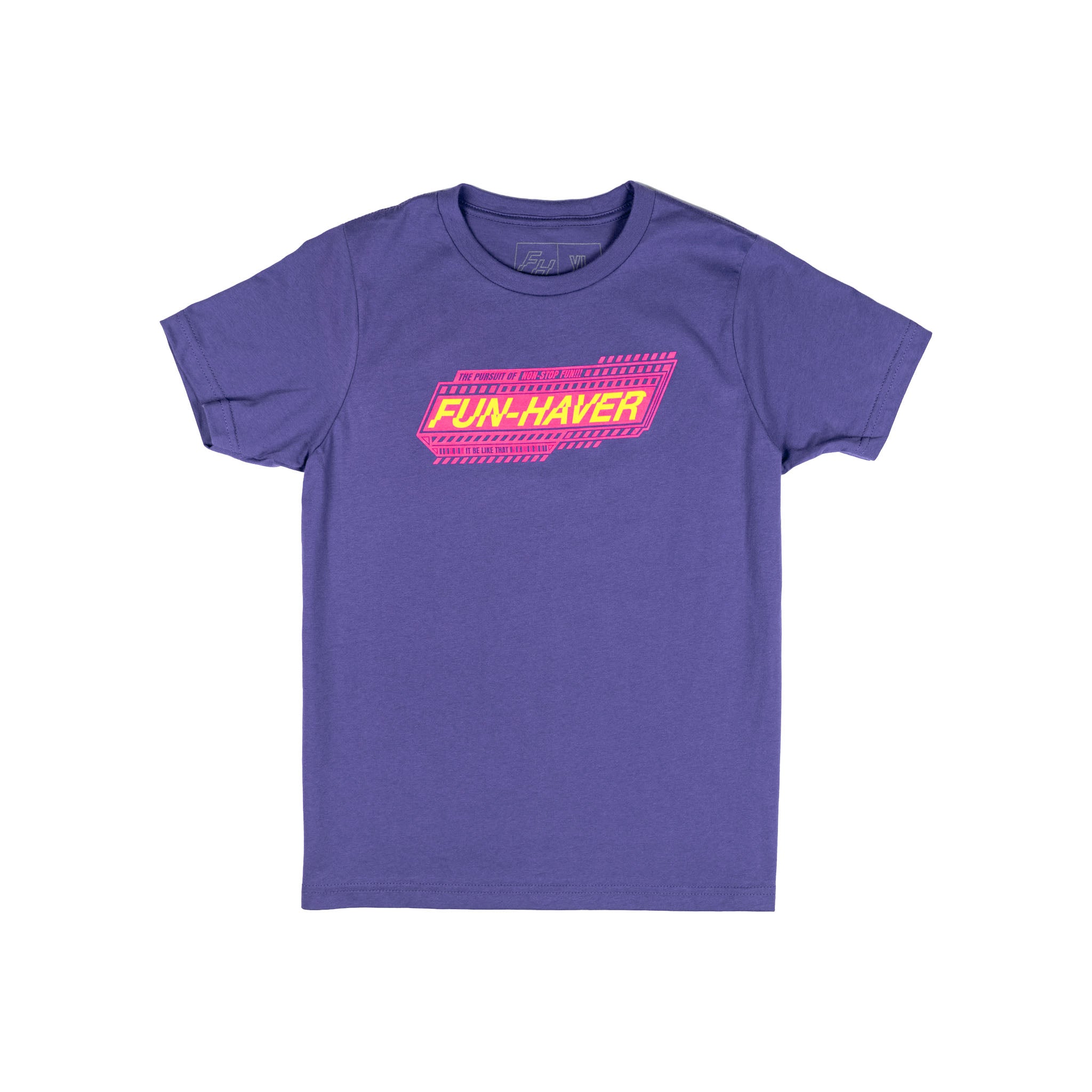 Front view of the Fun-Haver Purple Rush Pursuit Youth T-Shirt with Magenta and Yellow Fun-Haver logo graphics.