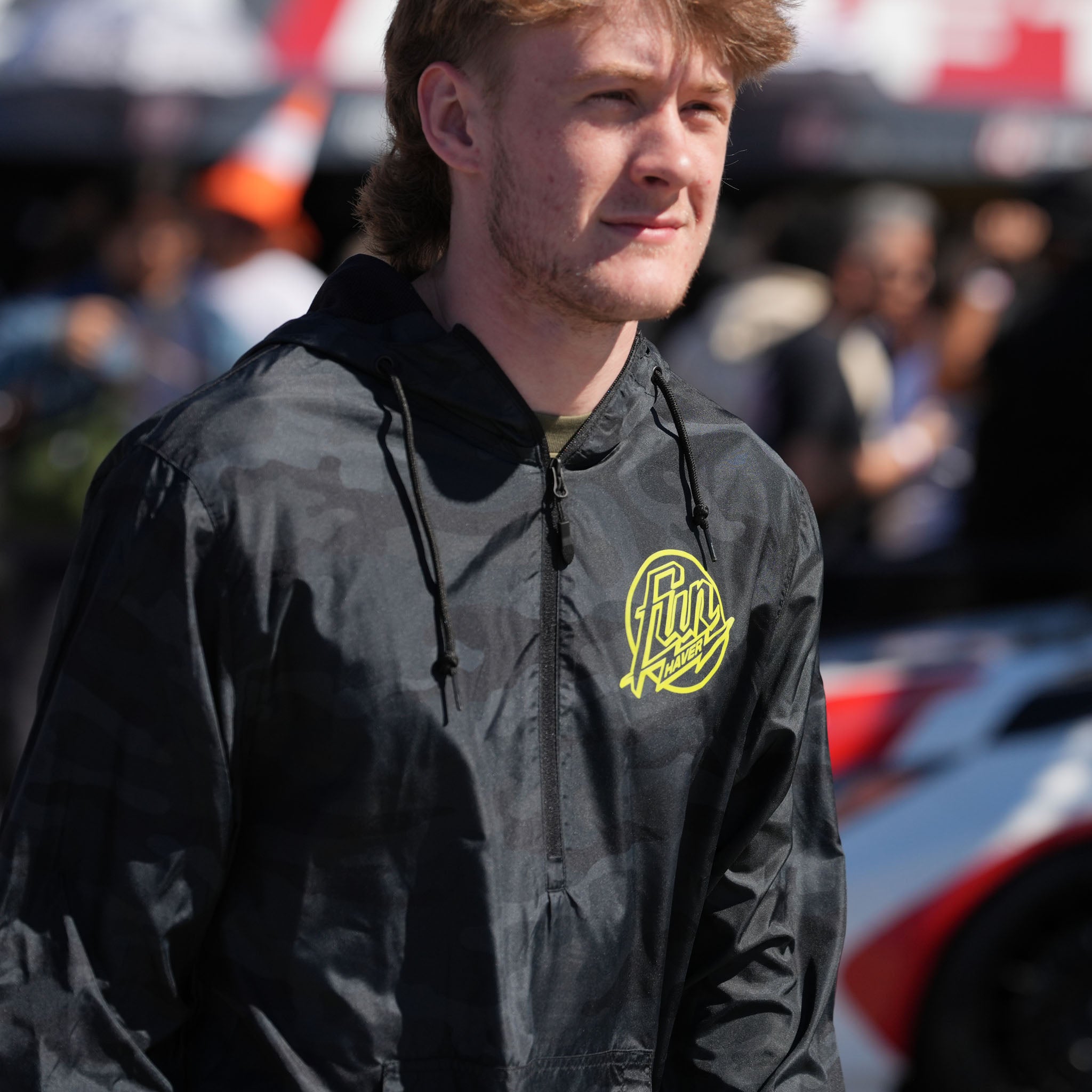 Rhys Conklin wearing the Fun-Haver® Weekend Windbreaker Anorak Jacket in Black Camo at Formula Drift Long Beach.