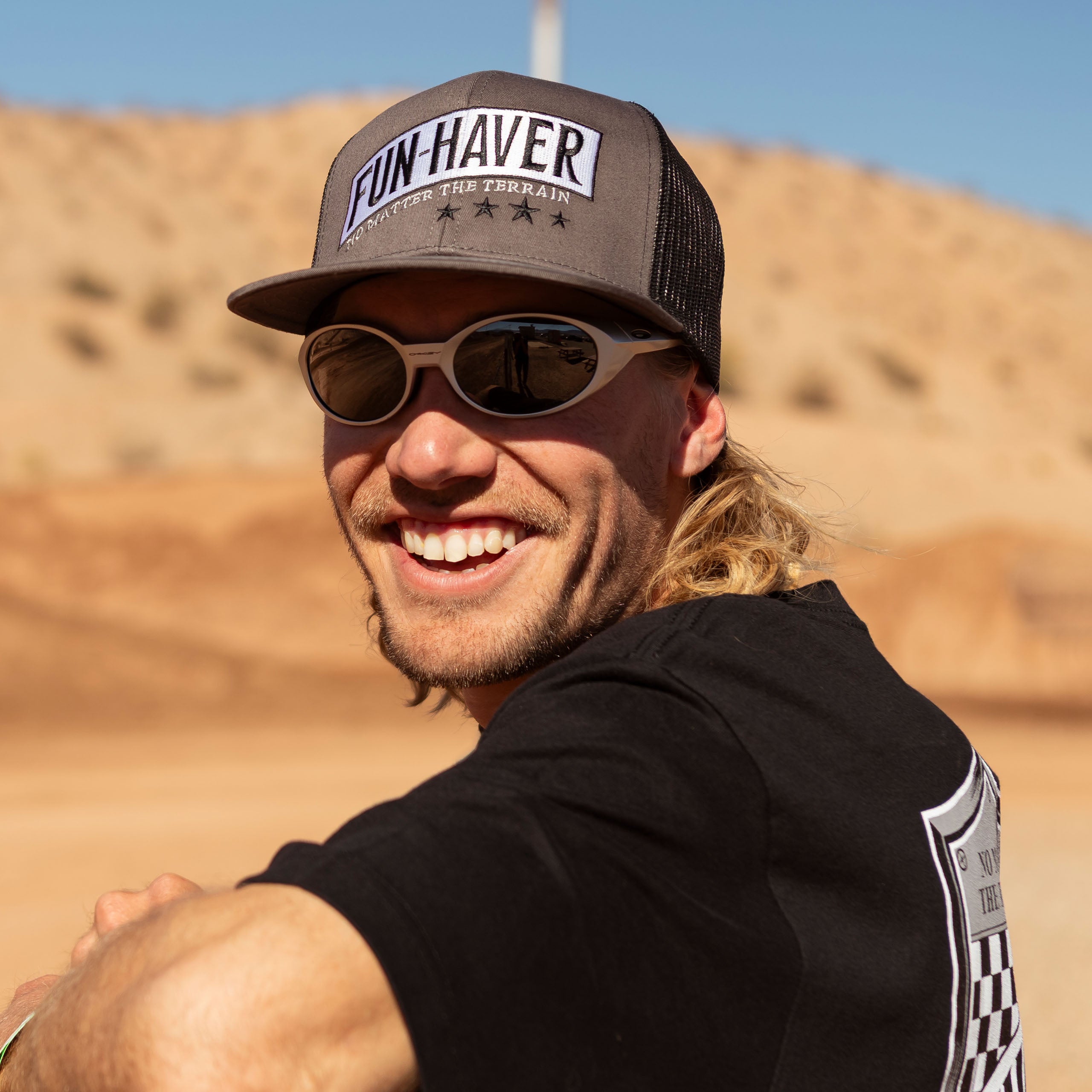 Rider wearing the Fun-Haver® Shield 6 Panel Trucker Hat.