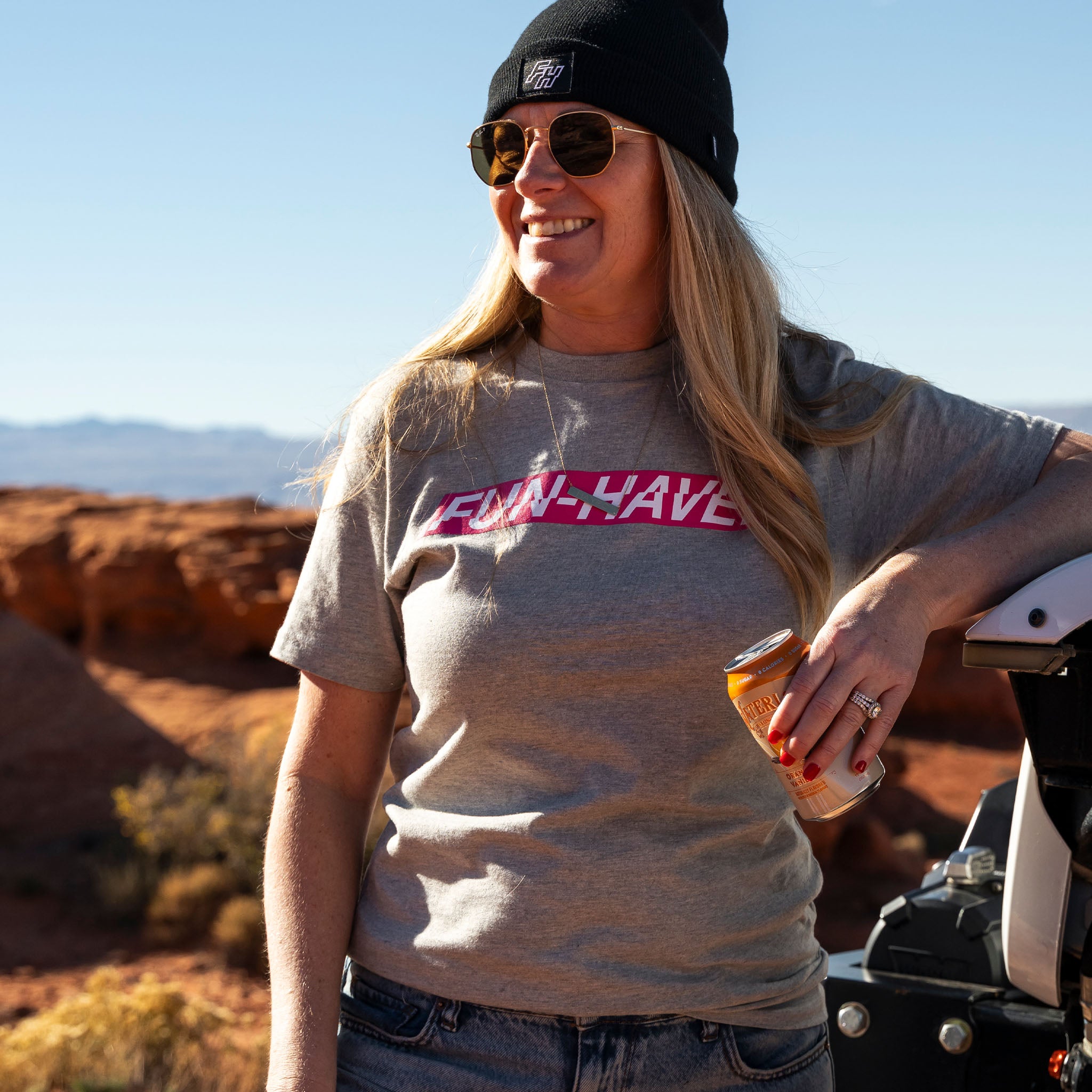 Sarah wearing the Athletic Heather Fun-Haver Energy T-Shirt out on the trail.