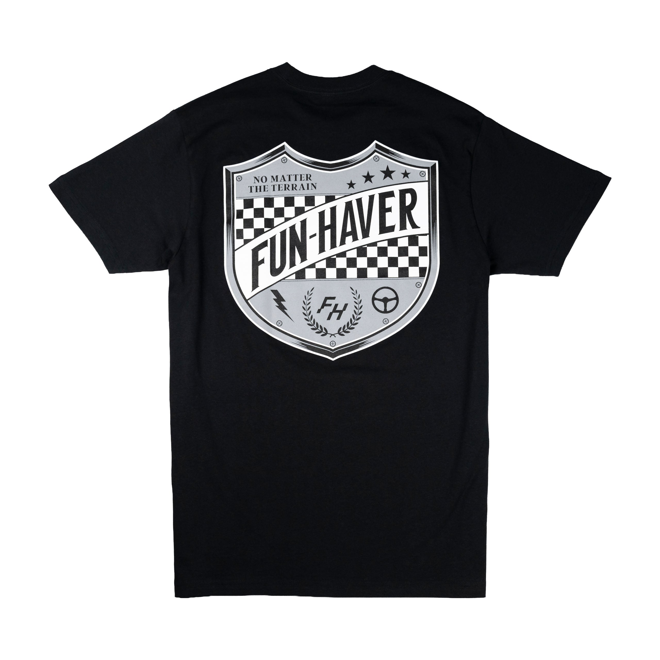 Back view of the Fun-Haver® Black Shield Logo T-Shirt.