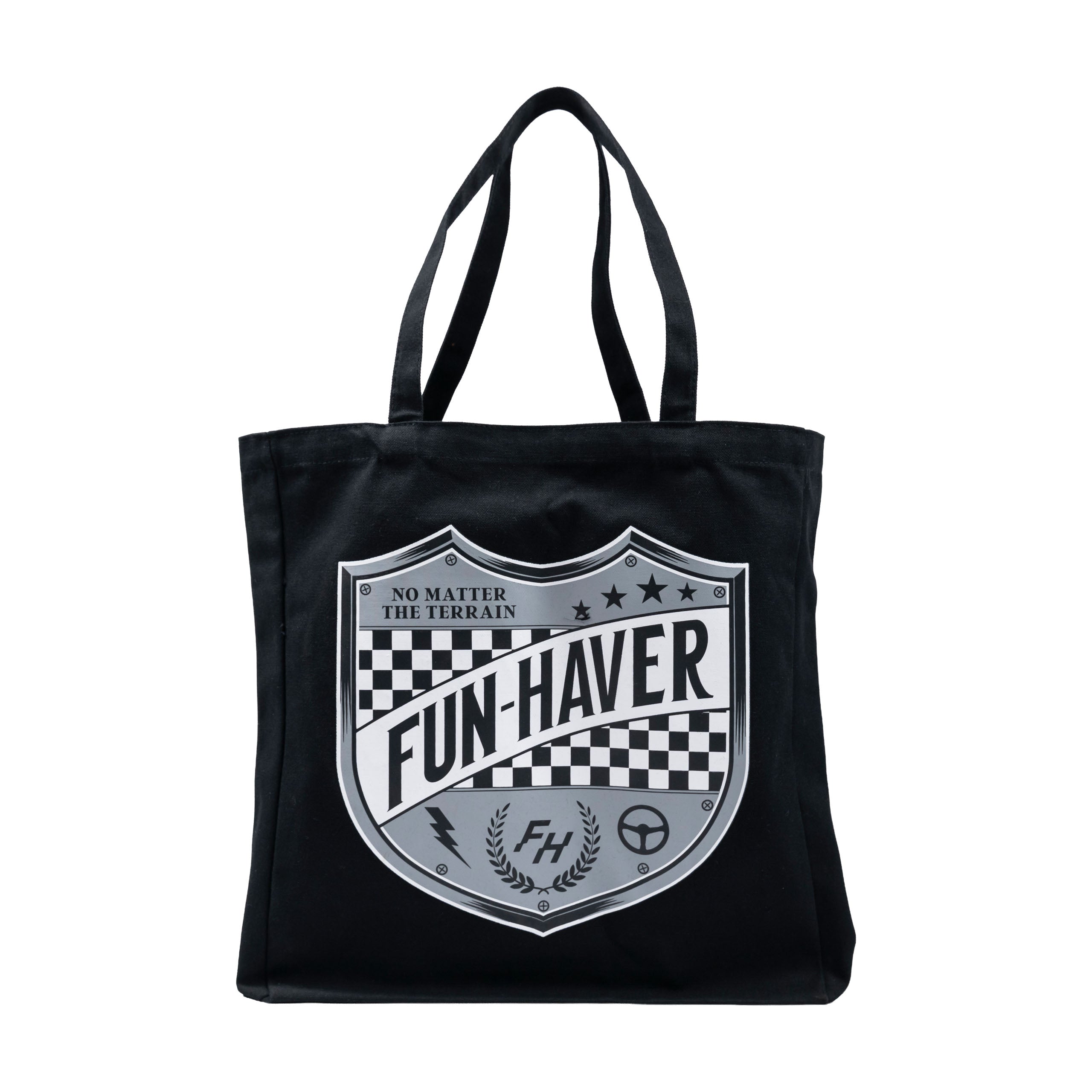 Side view of the Fun-Haver® Shield Logo Tote Bag.