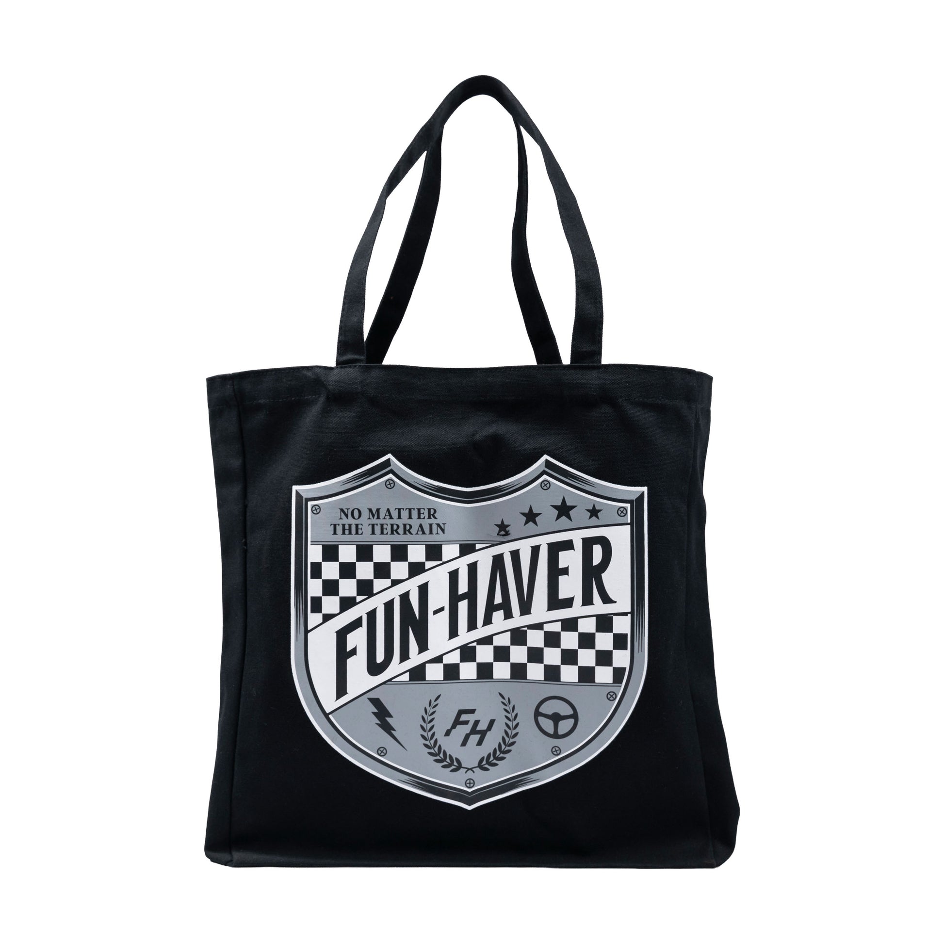 Side view of the Fun-Haver® Shield Logo Tote Bag.