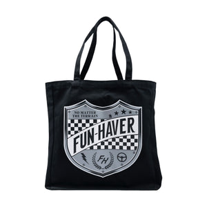 Side view of the Fun-Haver® Shield Logo Tote Bag.