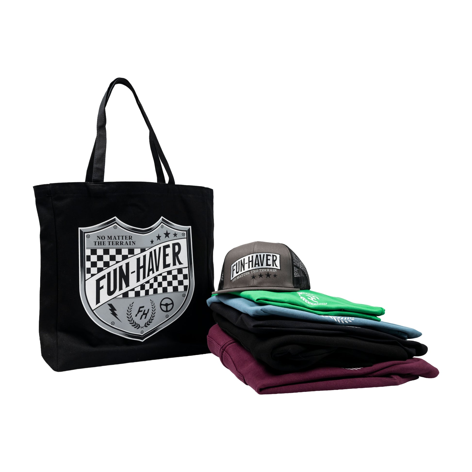 Fun-Haver® Shield Logo Tote Bag front view with Shield hat and T-Shirts.