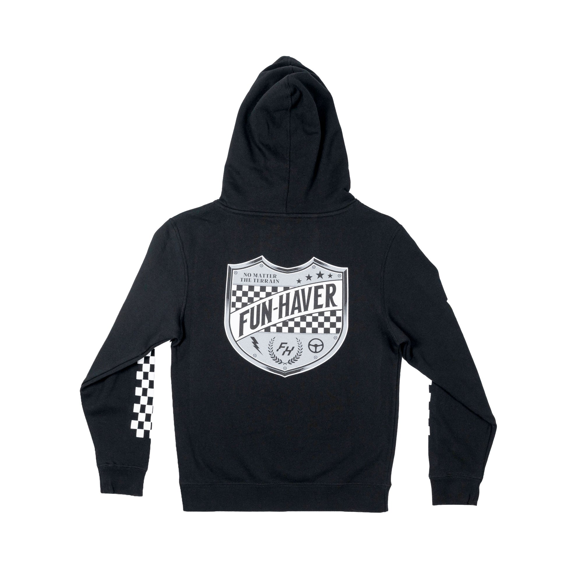 Back view of the Fun-Haver® Black Shield Youth Hoodie.