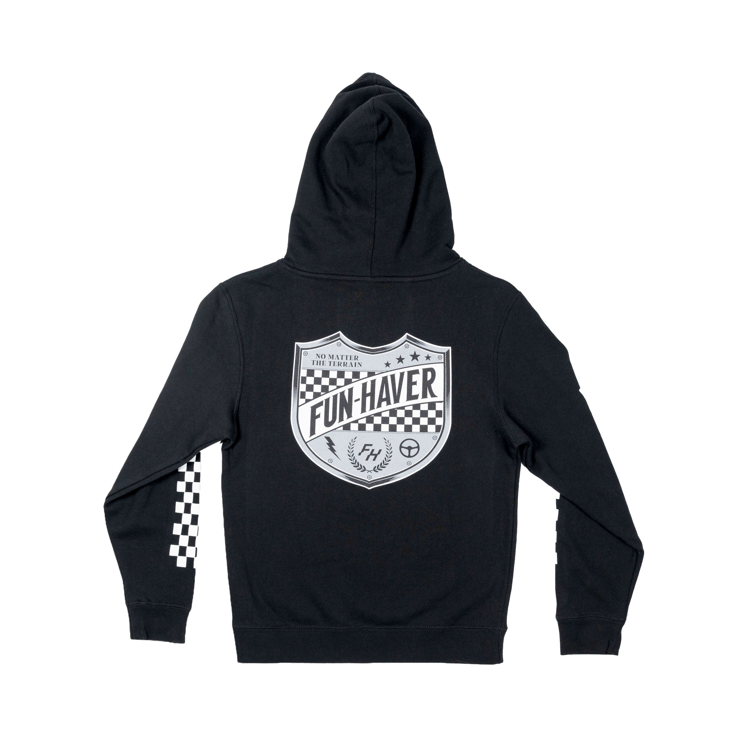Back view of the Fun-Haver® Black Shield Youth Hoodie.