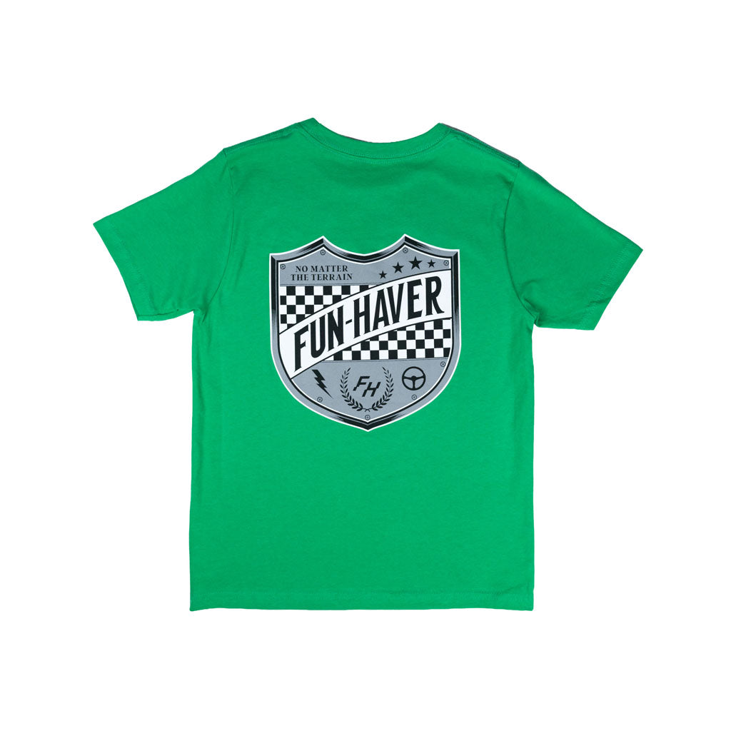 Back view of the Fun-Haver® Kelly Green Shield Logo Youth T-Shirt.