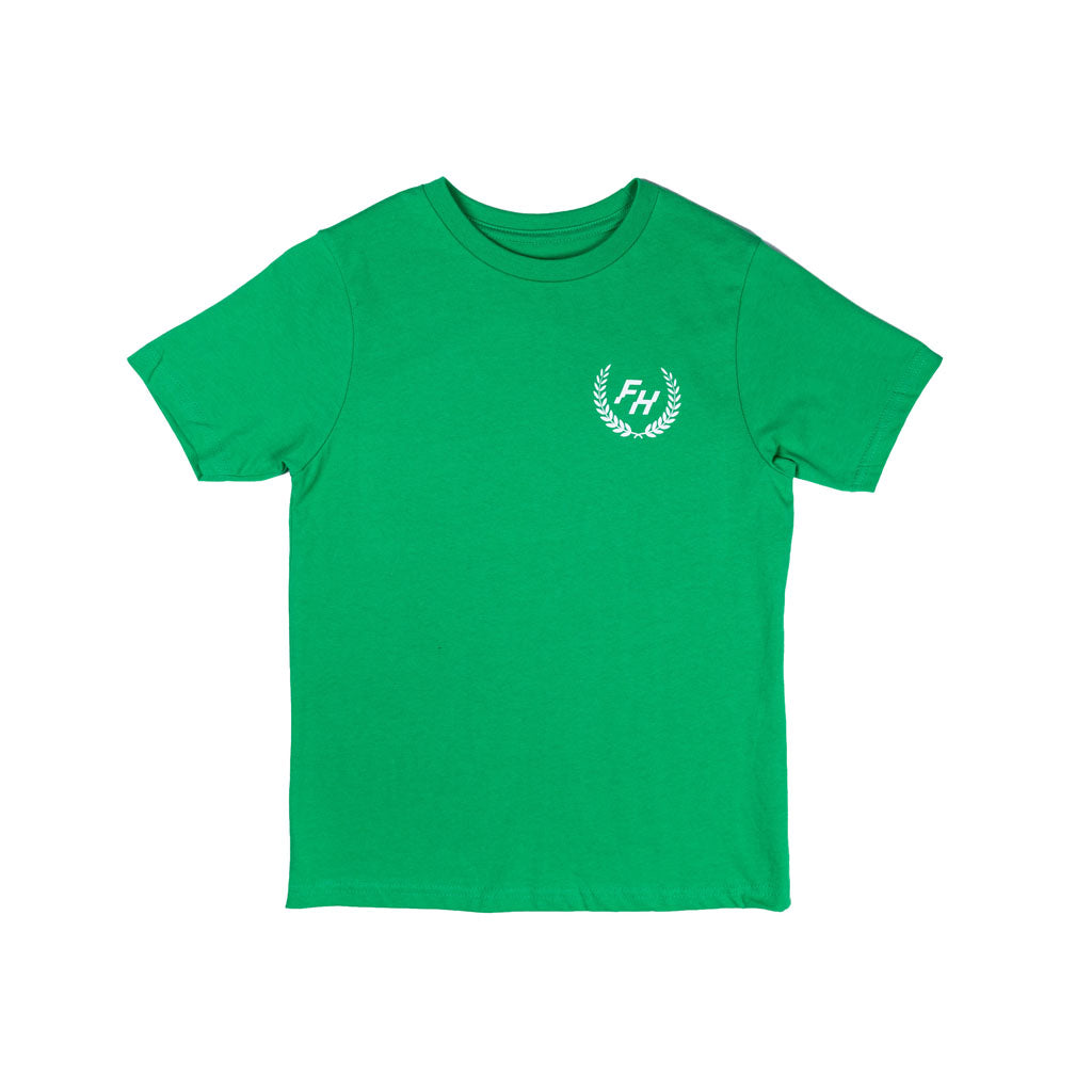 Front view of the Fun-Haver® Kelly Green Shield Logo Youth T-Shirt.