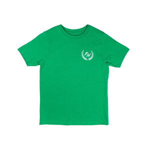 Front view of the Fun-Haver® Kelly Green Shield Logo Youth T-Shirt.