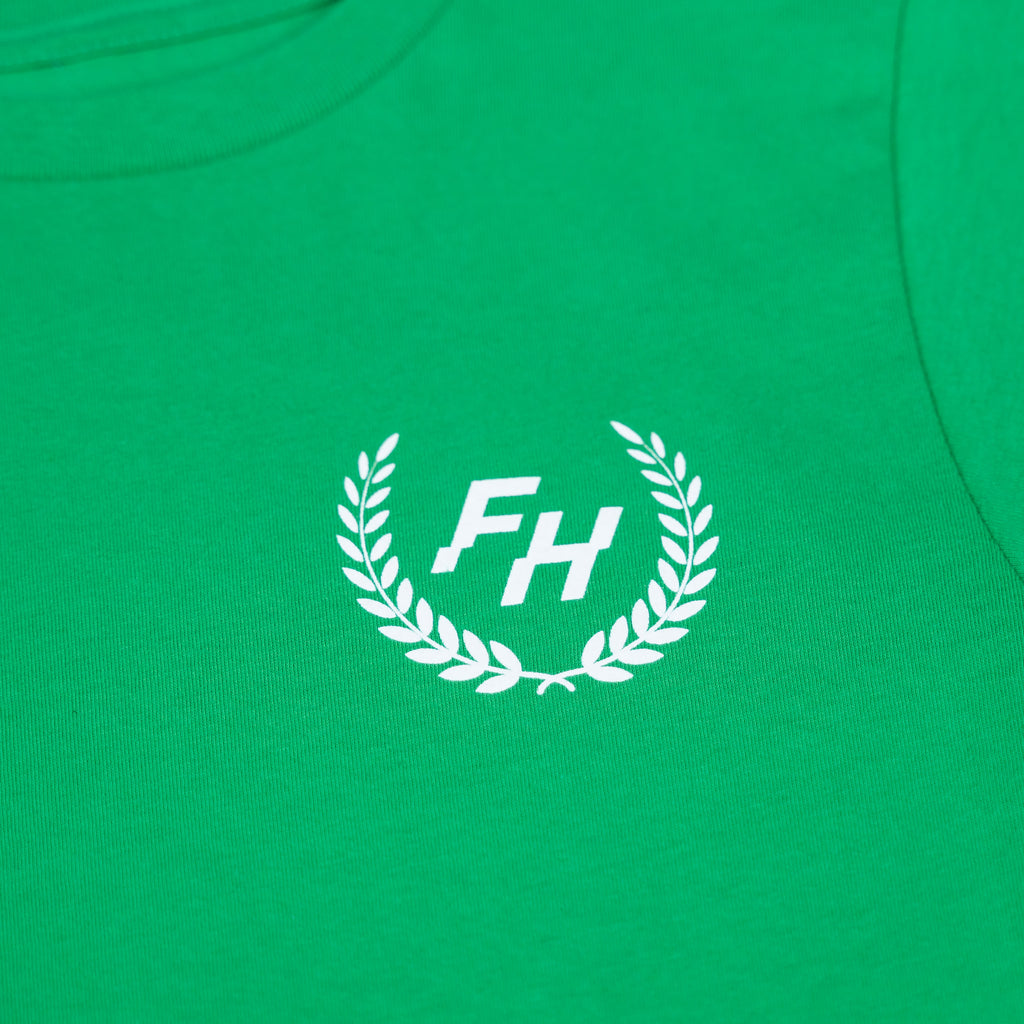 Fun-Haver® Kelly Green Shield Logo Youth T-Shirt front chest logo detail.