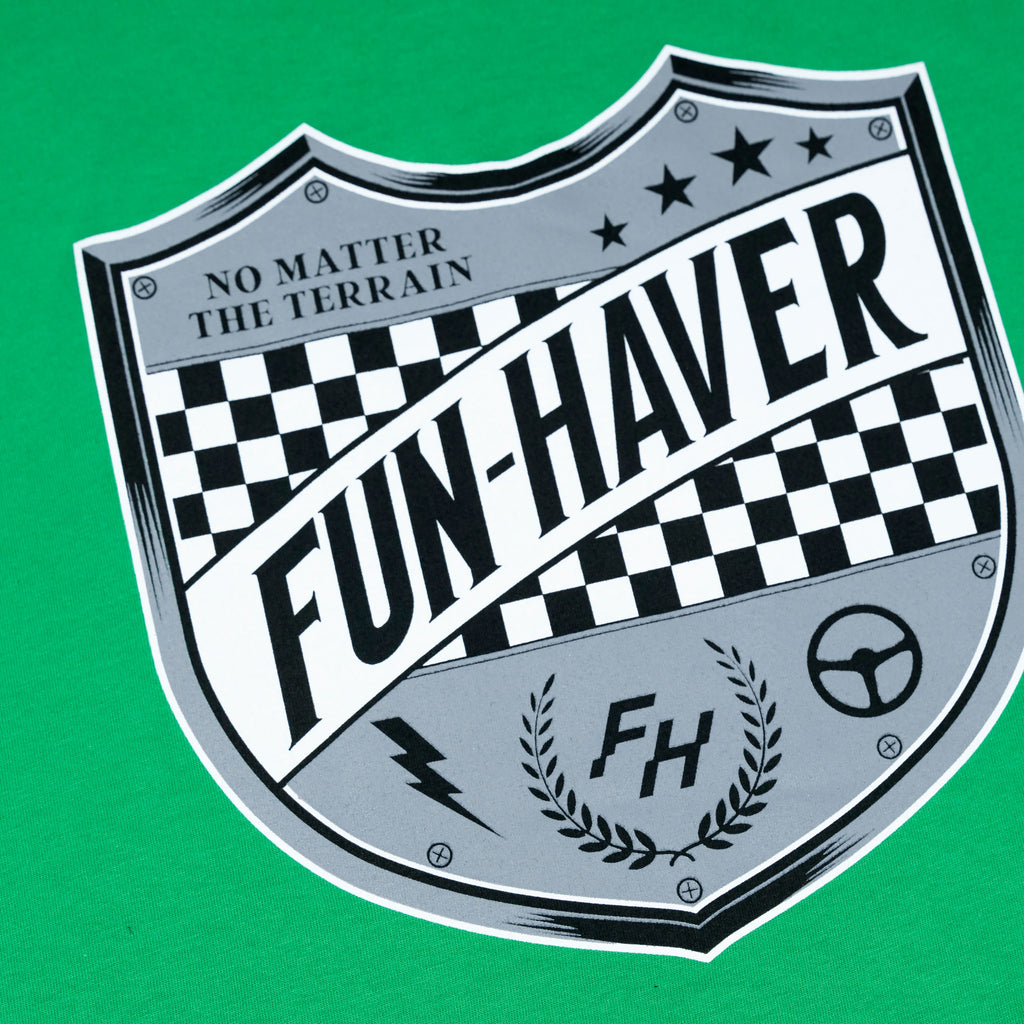 Fun-Haver® Kelly Green Shield Logo Youth T-Shirt back view Shield logo close up detail.