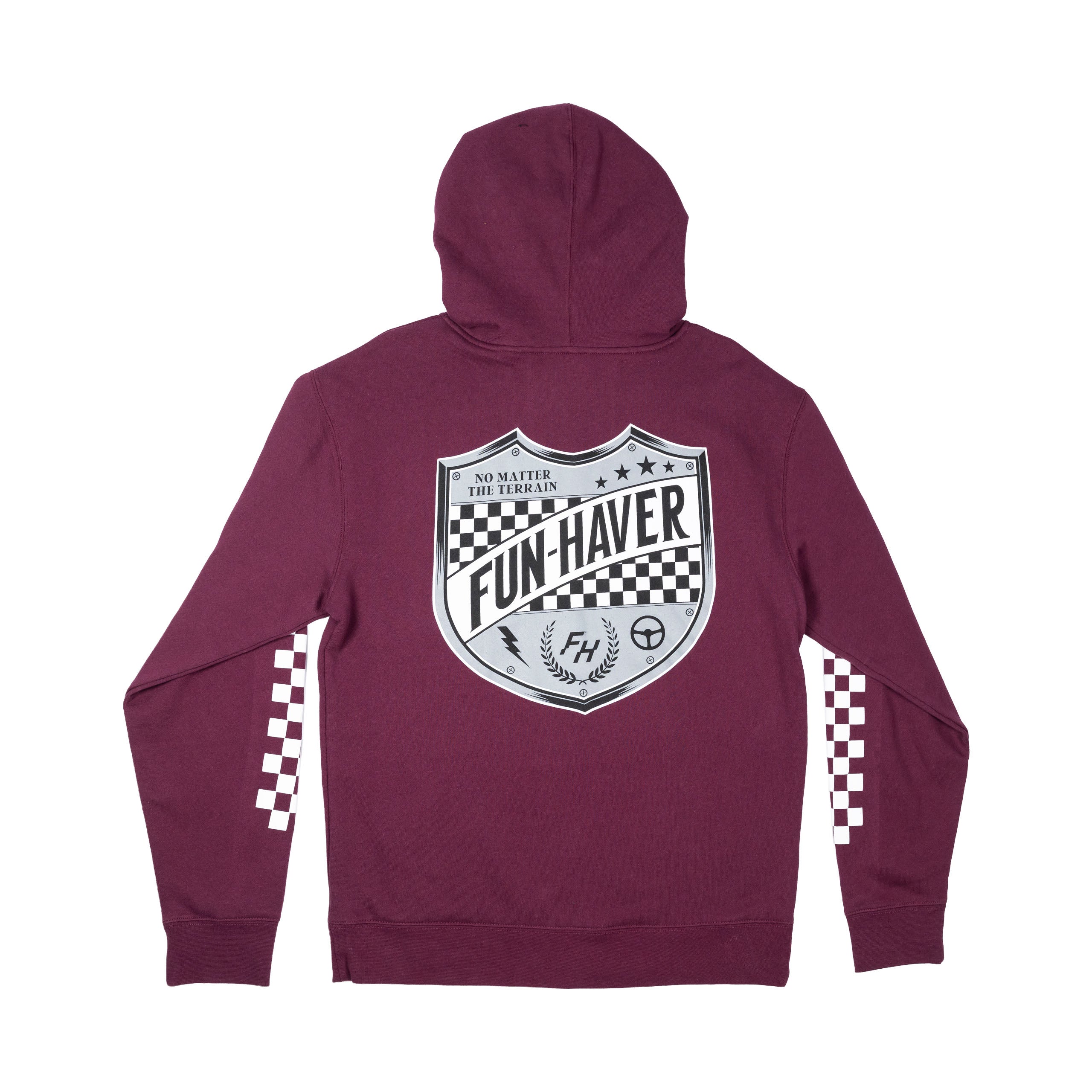 Back view of the Fun-Haver® Maroon Shield Zip Hoodie.