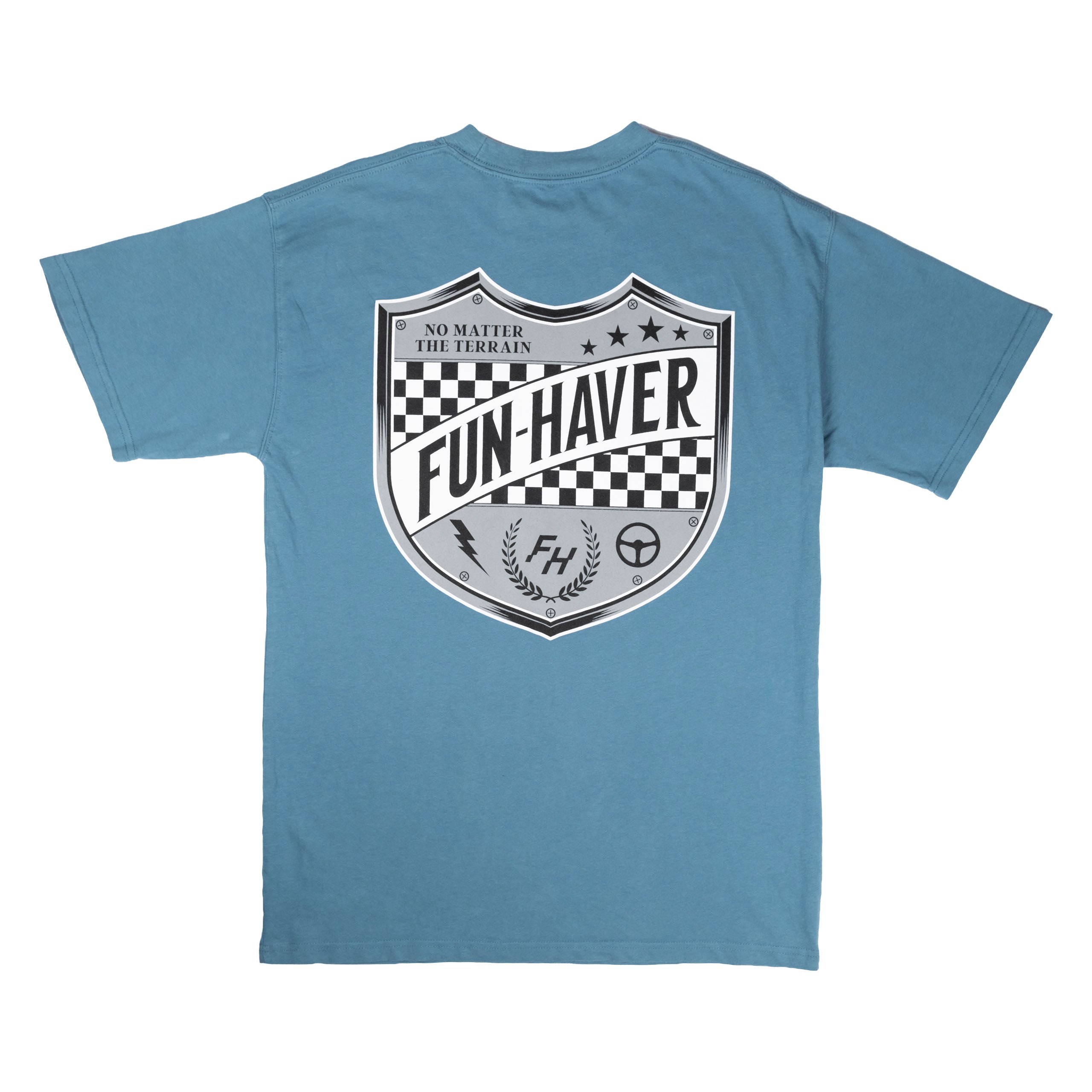 Front view of the Fun-Haver® Sea Blue Shield Logo T-Shirt.