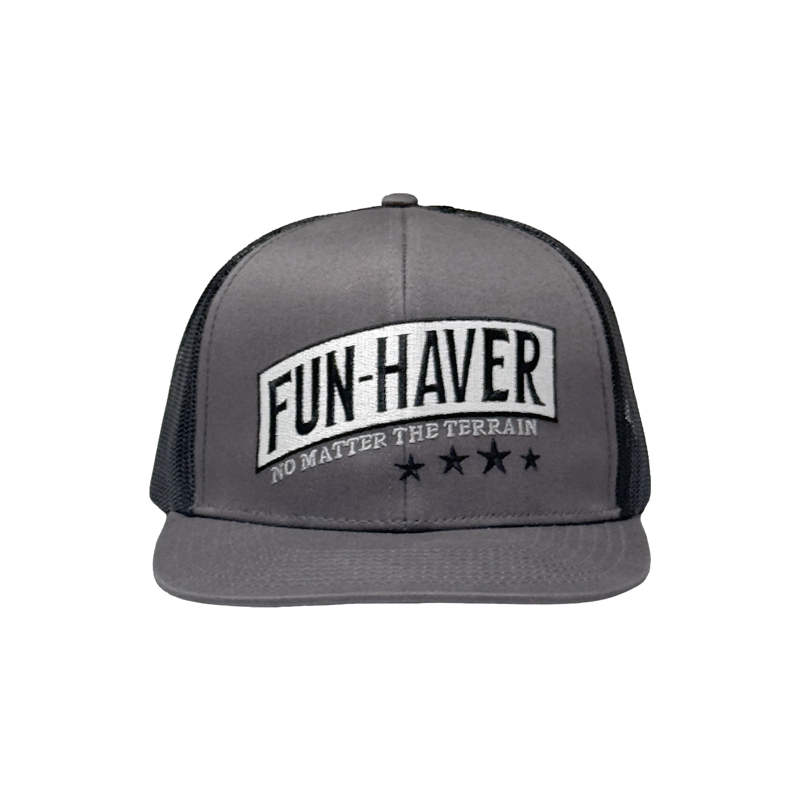 Front view of the Fun-Haver® Shield 6 Panel Trucker Hat.