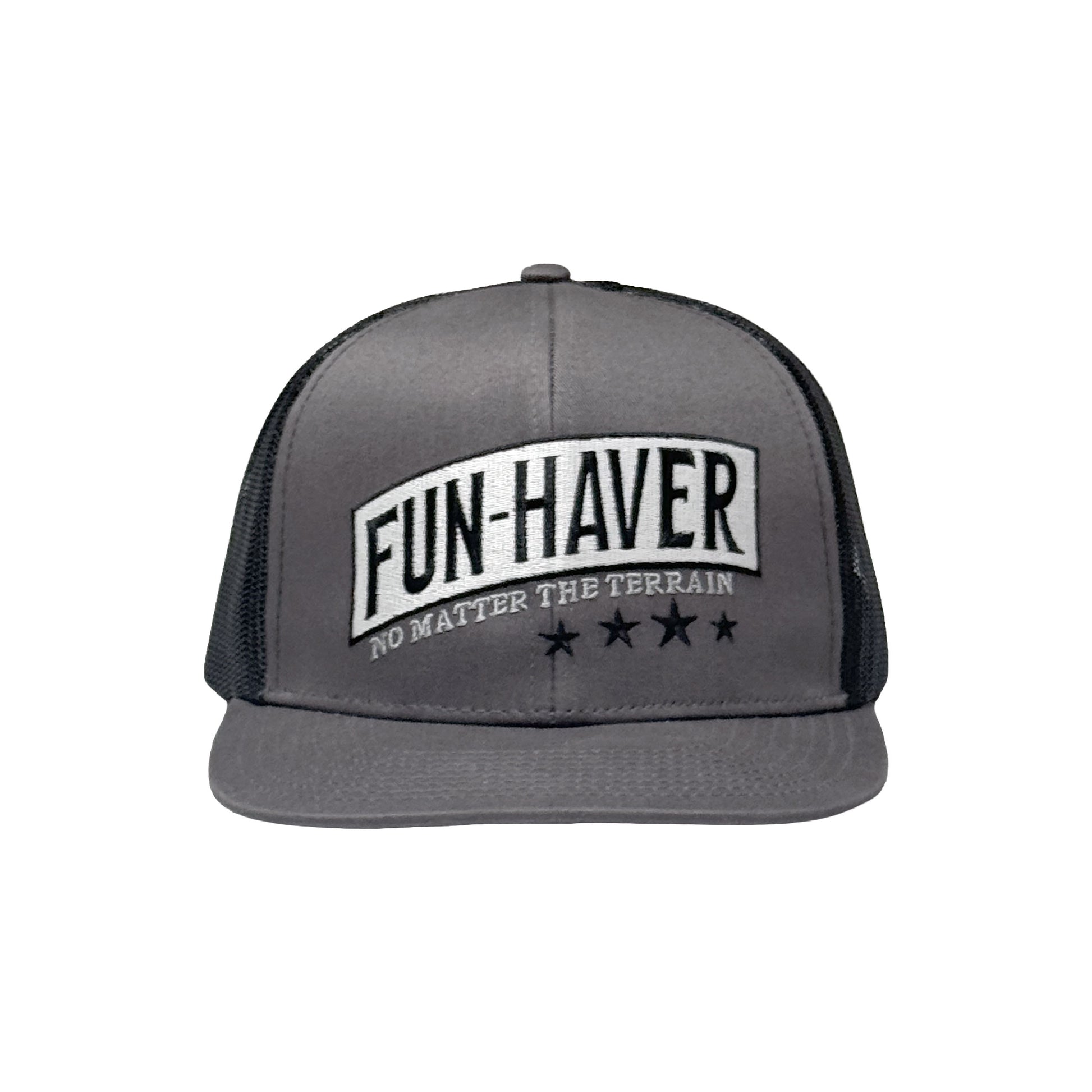 Front view of the Fun-Haver® Shield 6 Panel Trucker Hat.