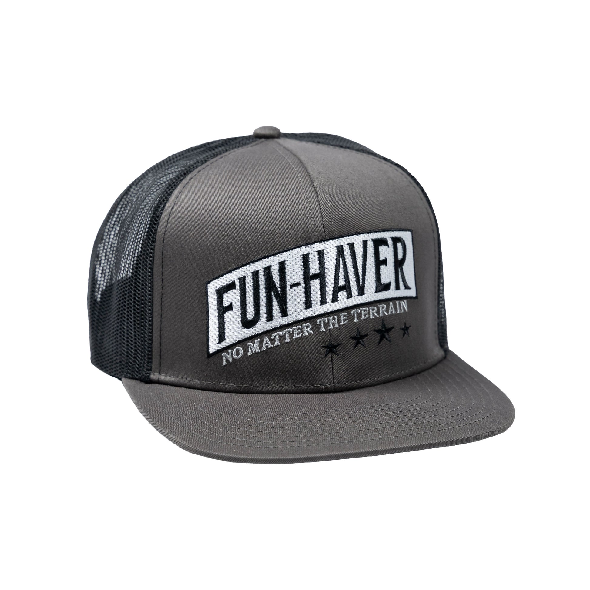 Right, high side view of the Fun-Haver® Shield 6 Panel Trucker Hat.