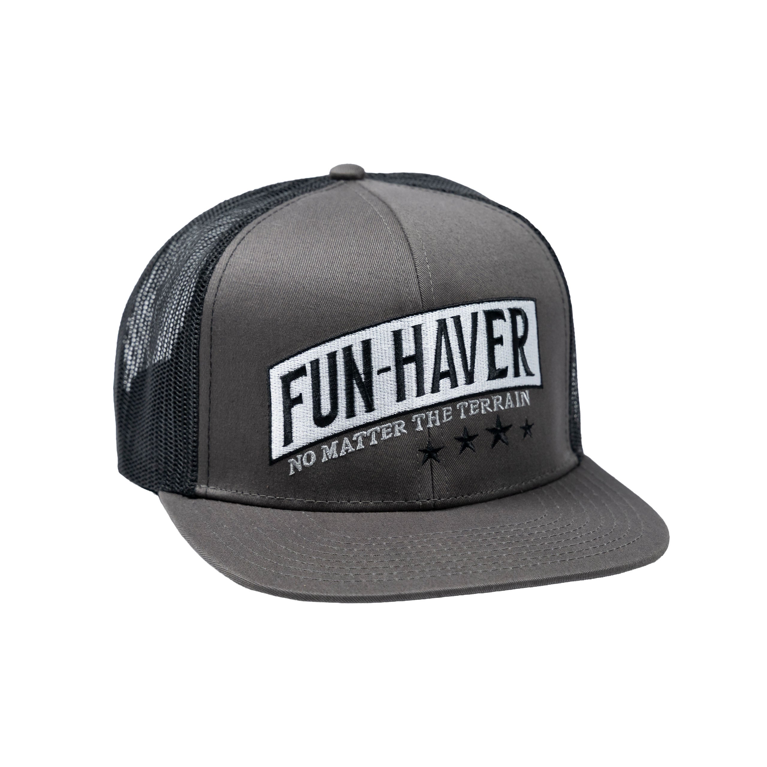 Right, high side view of the Fun-Haver® Shield 6 Panel Trucker Hat.
