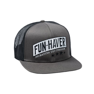 Right, high side view of the Fun-Haver® Shield 6 Panel Trucker Hat.