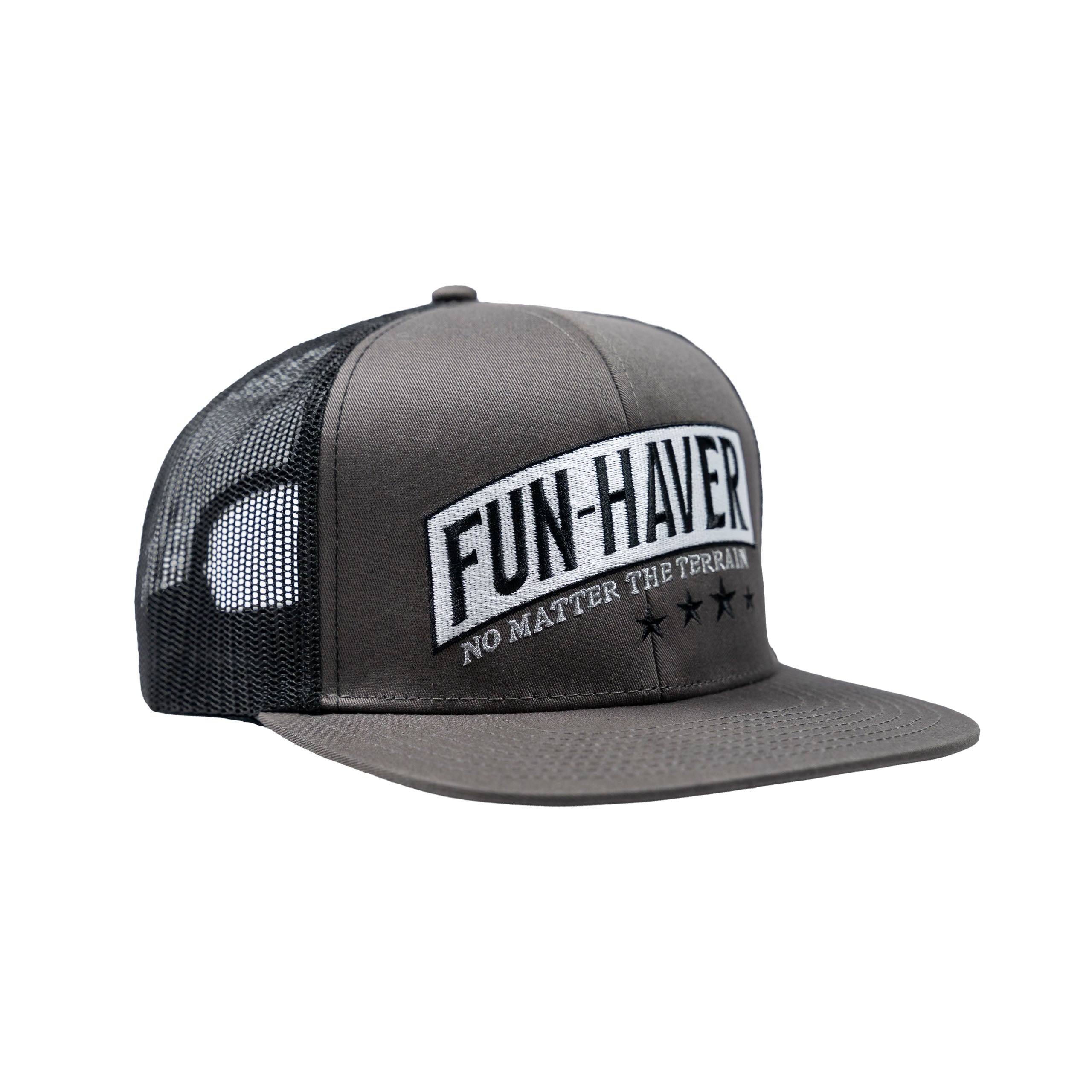 Right side view of the Fun-Haver® Shield 6 Panel Trucker Hat.