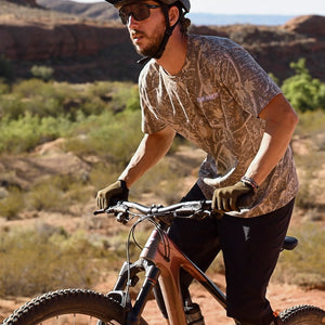 Fun-Haver Short Sleeve Stealth Camo T-Shirt on a mountain bike rider in the great outdoors.