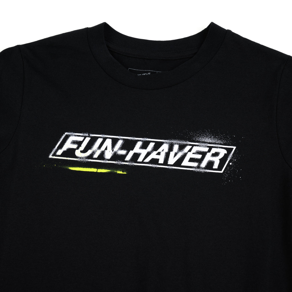 Detail logo view of the Fun-Haver Stencil Youth T-Shirt in Black.
