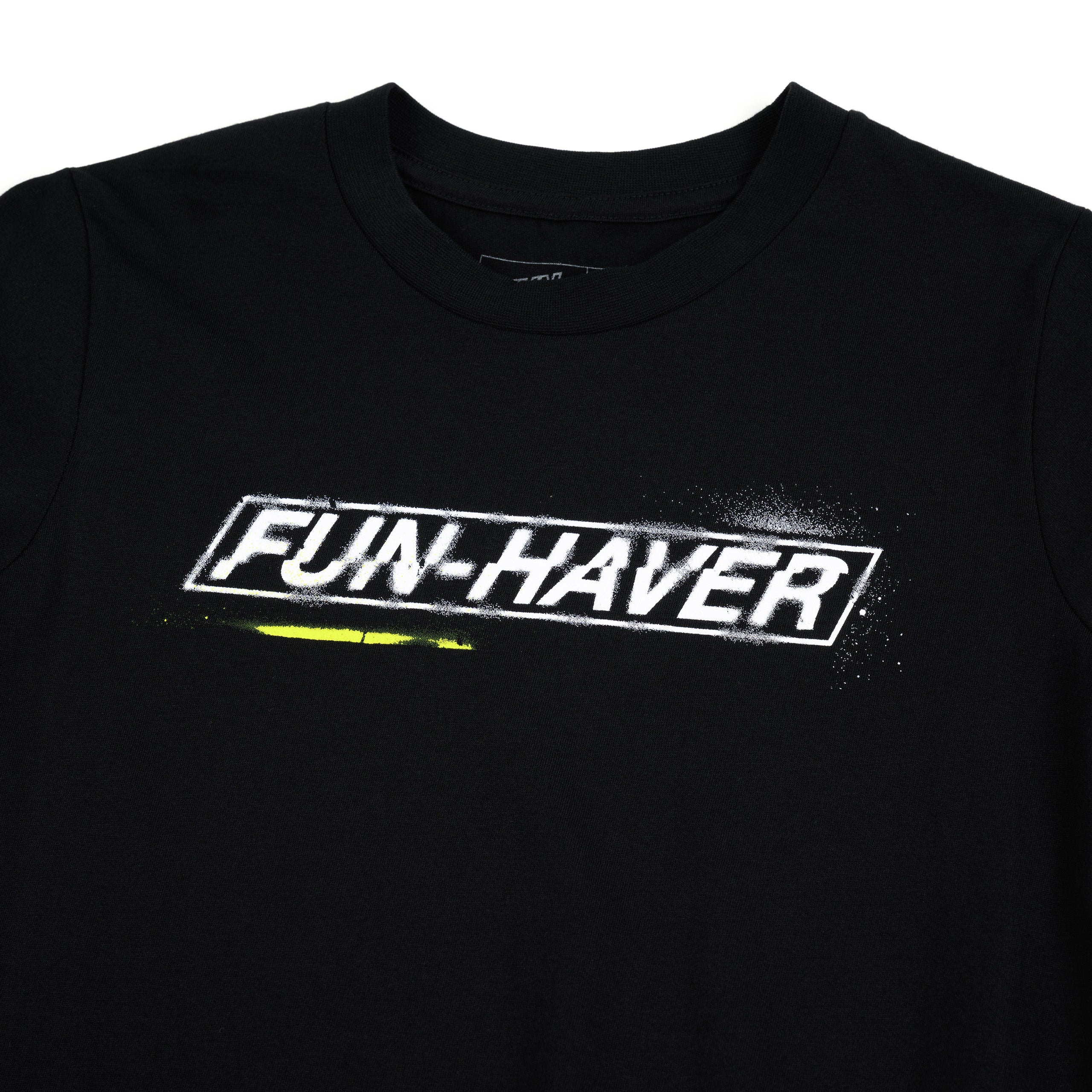 Detail logo view of the Fun-Haver Stencil Youth T-Shirt in Black.