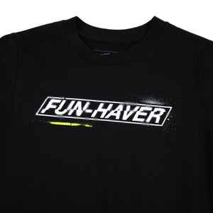 Detail logo view of the Fun-Haver Stencil Youth T-Shirt in Black.