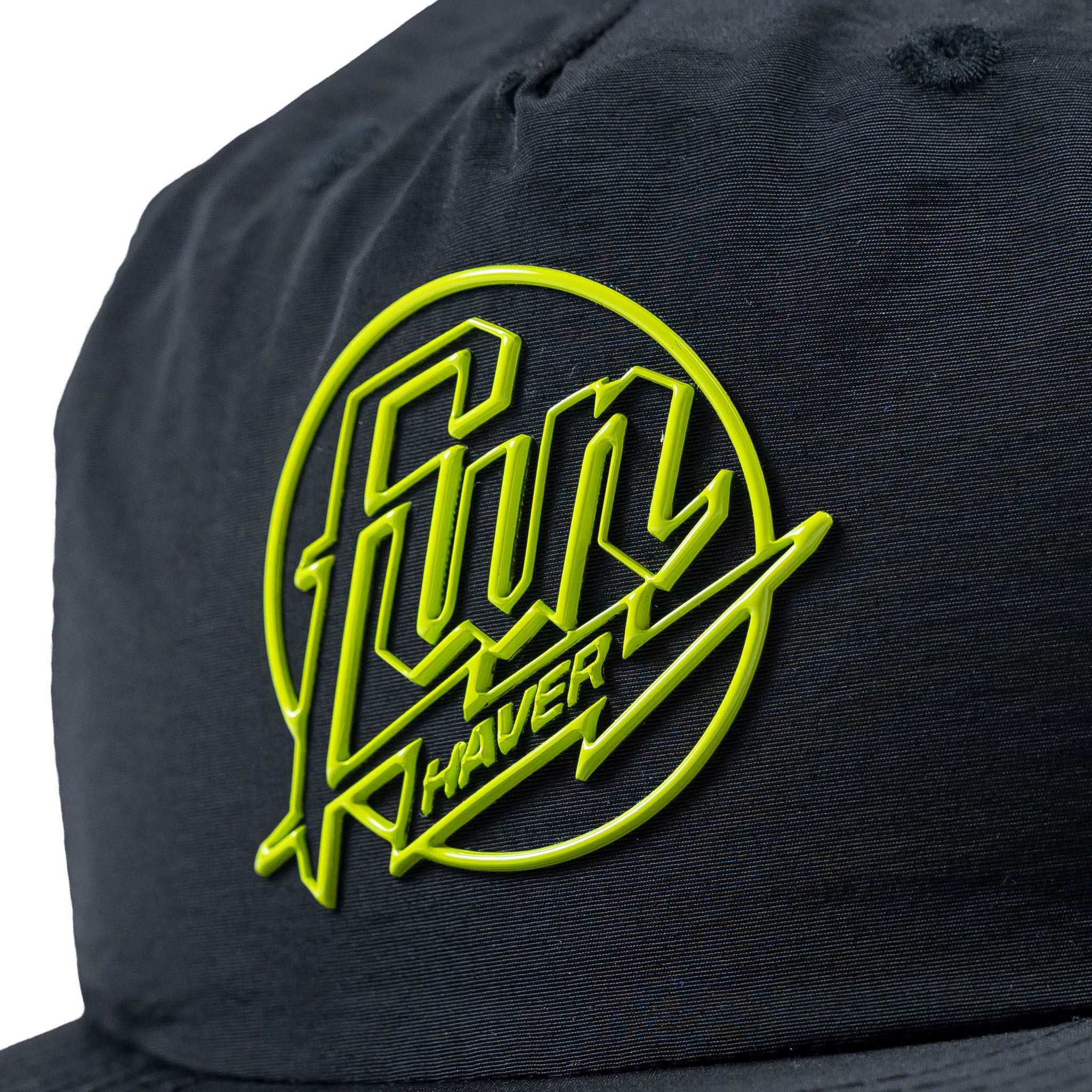 Detail raised logo view of the Fun-Haver® Weekend 5 Panel Snapback Hat in Black.