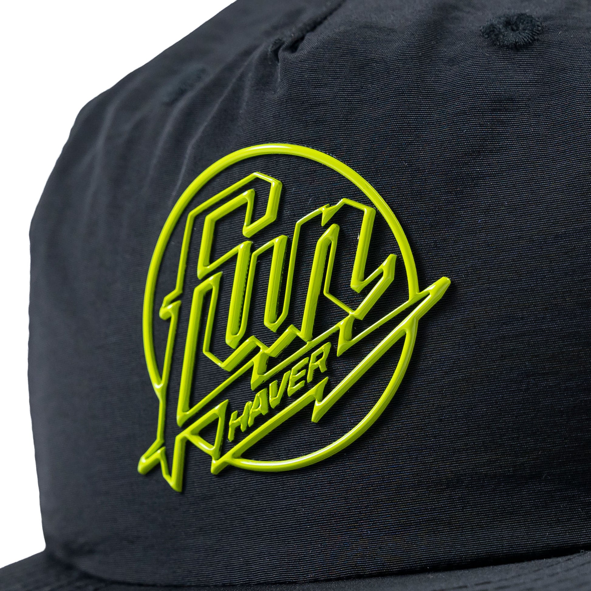 Detail raised logo view of the Fun-Haver® Weekend 5 Panel Snapback Hat in Black.