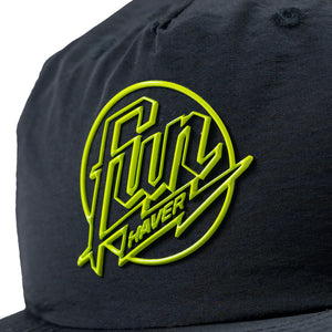 Detail raised logo view of the Fun-Haver® Weekend 5 Panel Snapback Hat in Black.